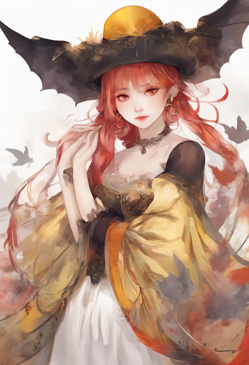 masutepiece, Best Quality, 1girl in, Solo, Yellow eyes, Red hair, tiny chest, Demon Girl, demon tail, Demon Wings, small demonic horns, pointy ear, (tiny chest), (flat chest), Twin-tailed, Bat hair ornament, Cape, White shirt, White legwear, stuffed toy, Plush toys, beret, gloves, Bangs, hat