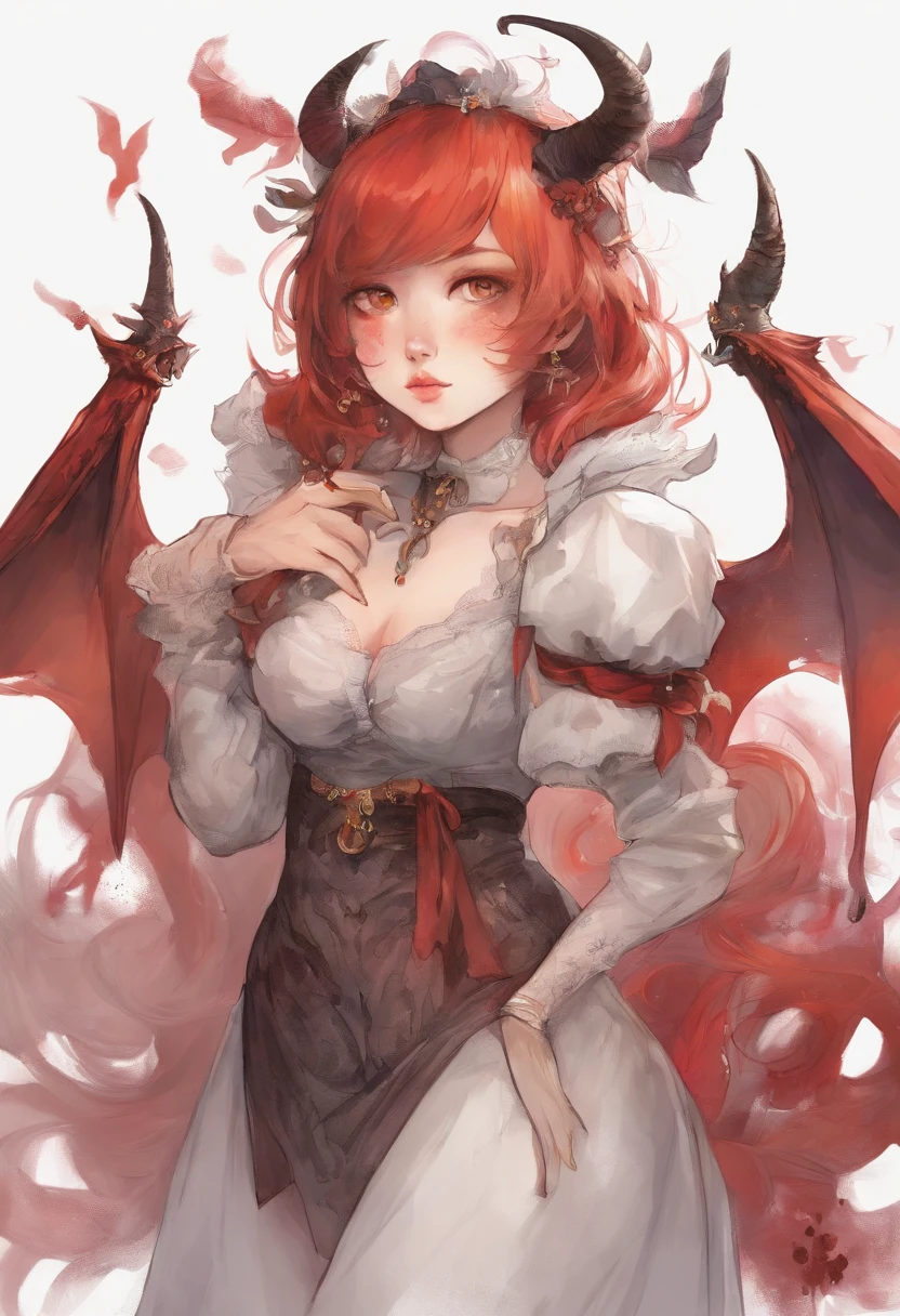 masutepiece, Best Quality, 1girl in, Solo, Yellow eyes, Red hair, tiny chest, Demon Girl, demon tail, Demon Wings, small demonic horns, pointy ear, (tiny chest), (flat chest),  Twin-tailed, Bat hair ornament, Cape, White shirt, White legwear, stuffed toy, Plush toys, beret, gloves, Bangs, hat