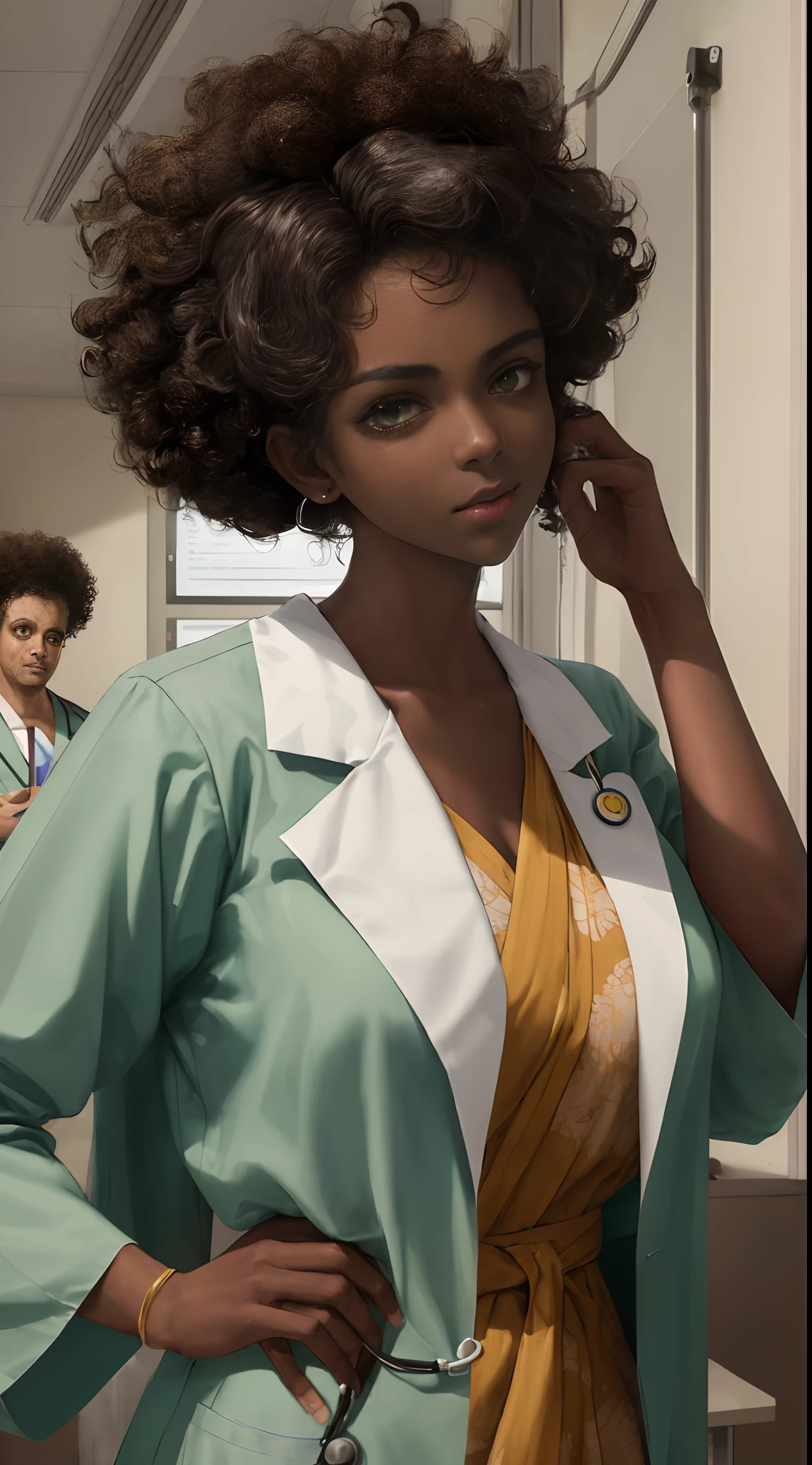 ((Masterpiece, hiquality, absurdress) 1Woman, black hair, curly hair, Afro-curly hair, Green eyes, a perfect face, the perfect body, big breastes, short stature, very dark skin, Hindu woman, 独奏, ((Best Quality)), ((Masterpiece)), (Detailed:1.4), Detailed eyes and face, white robe, Medical Uniform, Doctor's costume, medical doctor, hospital, Emergency Physician