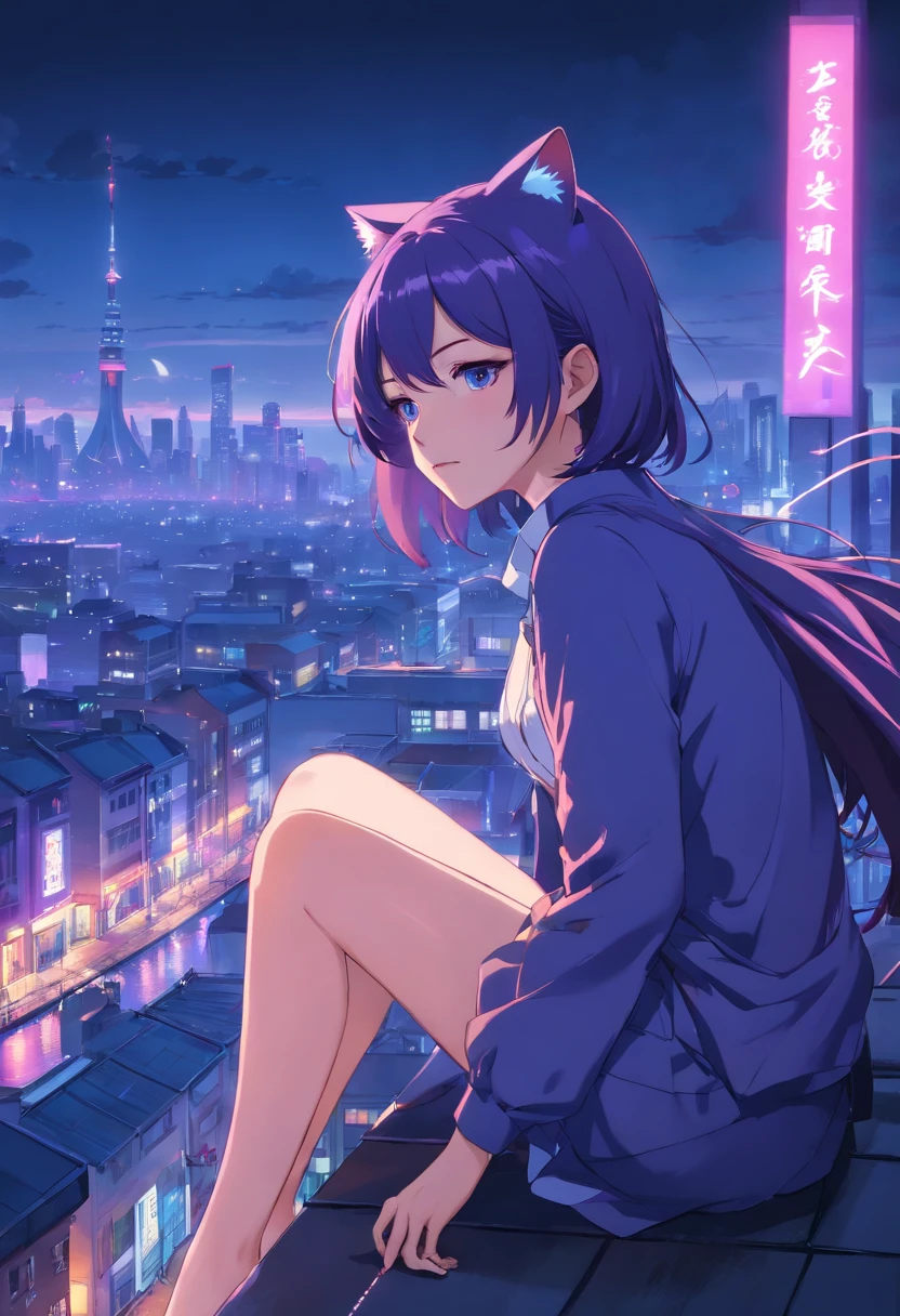 (best quality,highres:1.2),ultra-detailed,portraits,anime,gothic,gothic architecture,purple and black color palette,dramatic lighting,floating feather,moonlight reflection,sparkling eyes,cute expression,cat ears,tail,nighttime scene,whimsical background,hourglass figure,confident pose,vivid colors,ethereal beauty,smoky atmosphere, mystique,sharp focus,surreal charm,fantasy elements,neon lights,urban setting,futuristic cityscape,glowing tattoos,on a rooftop,wind blowing hair,smirking,lovely gothic aesthetic,dark romantic ambiance
