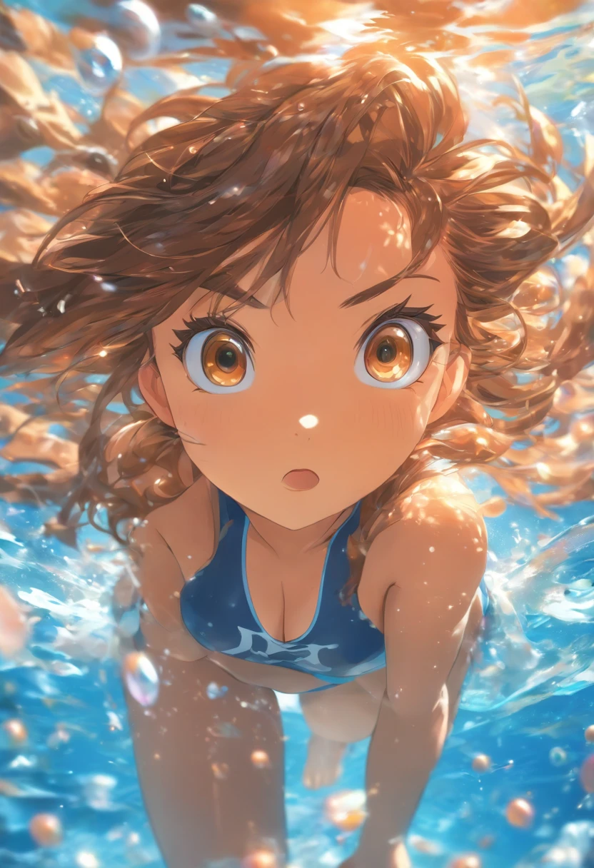 foreshortening,  depth of fields, masutepiece, Best Quality, 1girl in, Brown hair, Brown eyes,  Long hair, under the water, Air bubble, Solo, Looking at Viewer, School Swimsuit, Swimming,  Dappled sunlight,