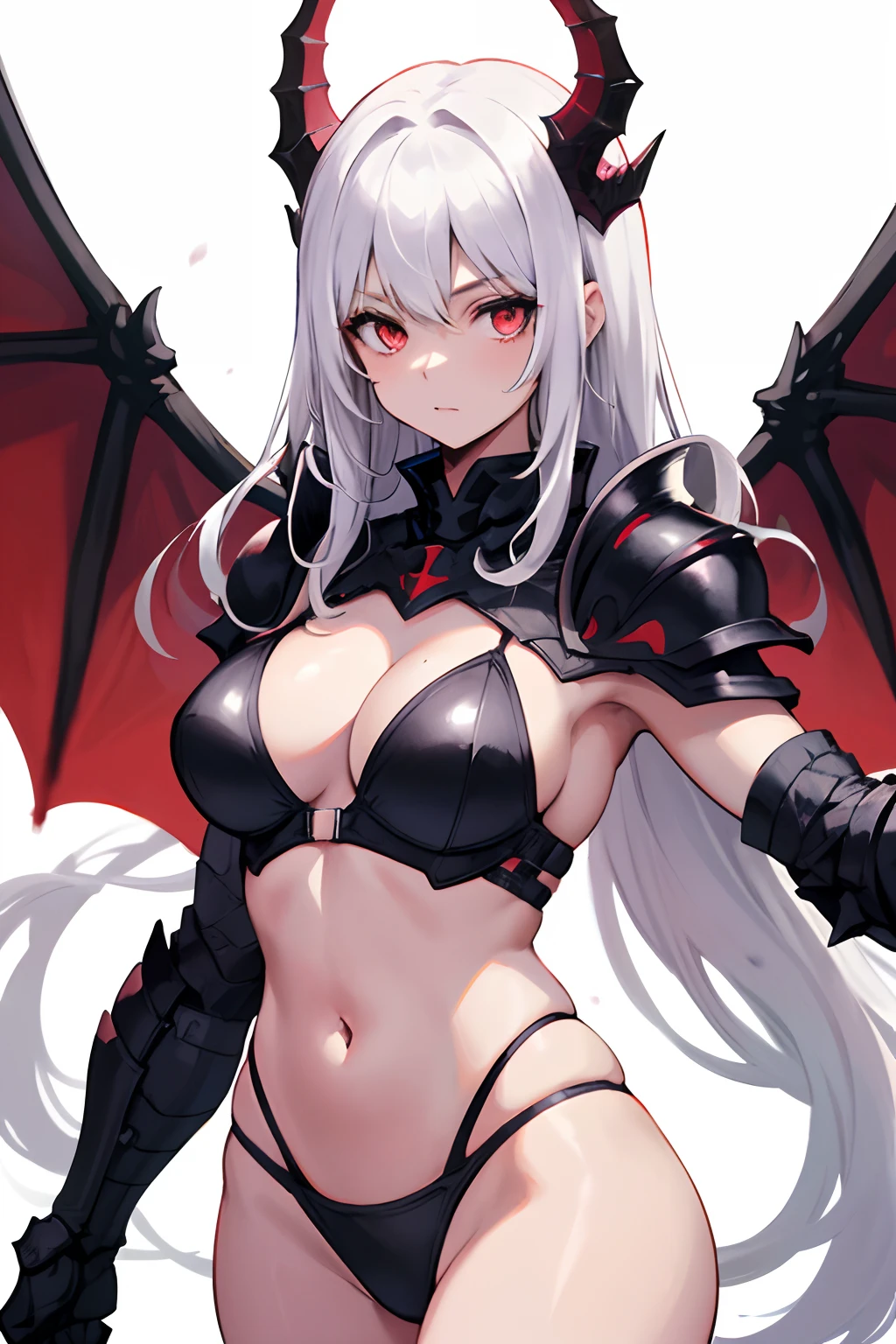 Original Character,Solo,1girll，Tight armor，bikini armor，coda，Black dragon horn，little breast,long  white hair,red color eyes,Only the upper body,In the background is a western dragon with white scales，Black particles surround the girl
