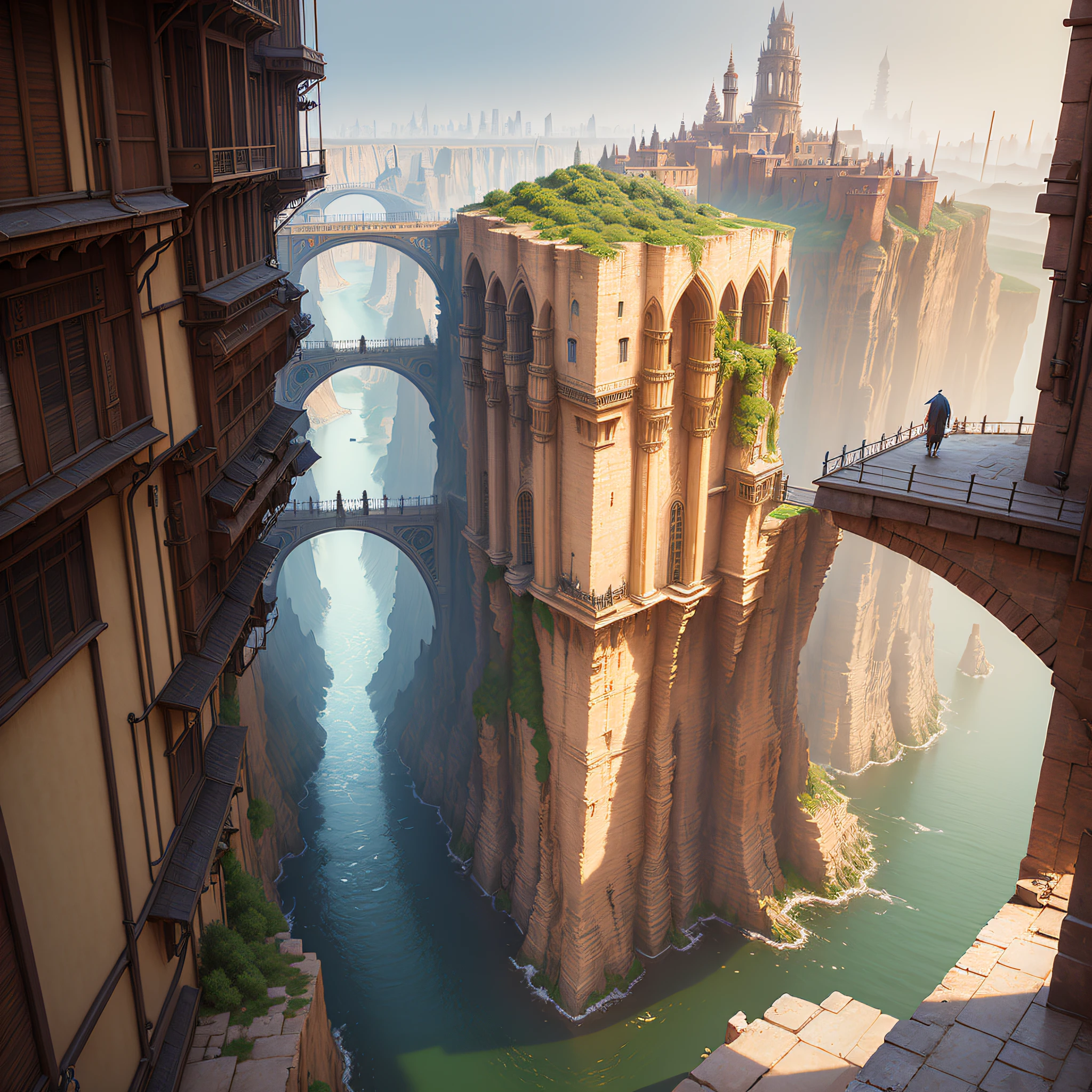 ((masterpiece)),((best quality)),((high detial)),((realistic,)) Industrial age city, deep canyons in the middle, architectural streets, bazaars, Bridges, rainy days, steampunk, European architecture