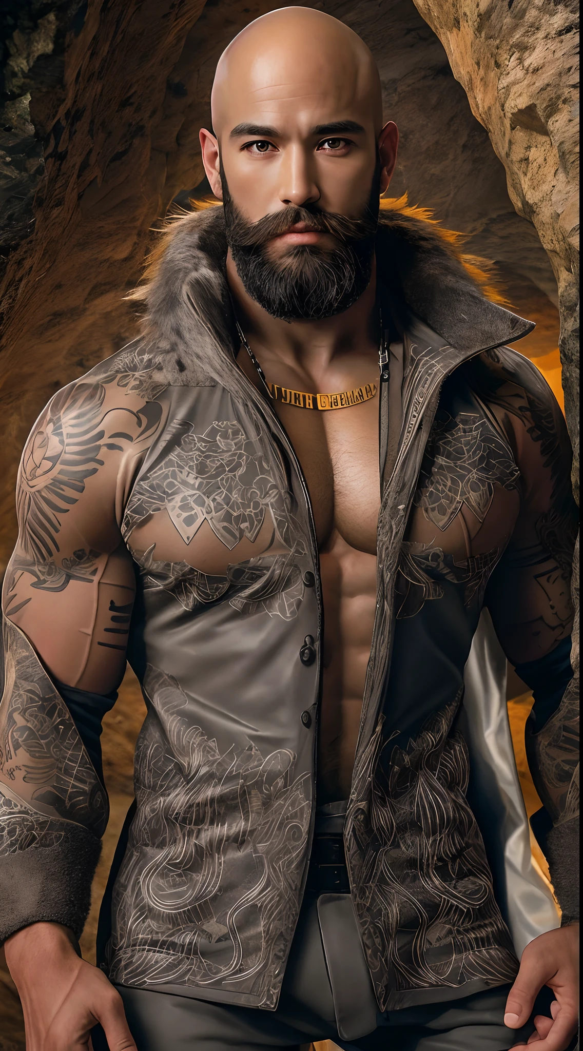 highly detail, RAW color photo, 巨作, Best Quality, ultra-detail, Realism, 30-year-old veteran, (fantaisie), Muscular body, Sculpted body, (detailed skin), (highly detail, hyper details, Dilemma), (beard : 1.4) bald, Covered clothing, Fur clothing, Brown eyes, Cave background, complex, highly detail, sharp focus, dramatic, photorealestic