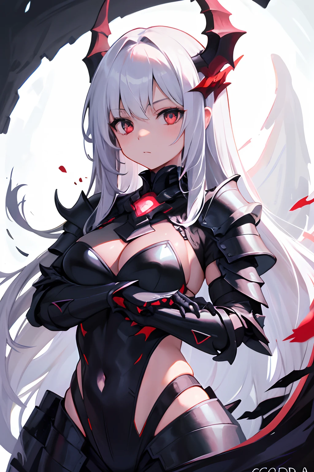 Original Character,Solo,1girll,Tight armor,bikini armor,coda,Black dragon horn,little breast,long white hair,red color eyes,Only the upper body,(In the background is a western dragon with white scales),Black particle effects surround the girl