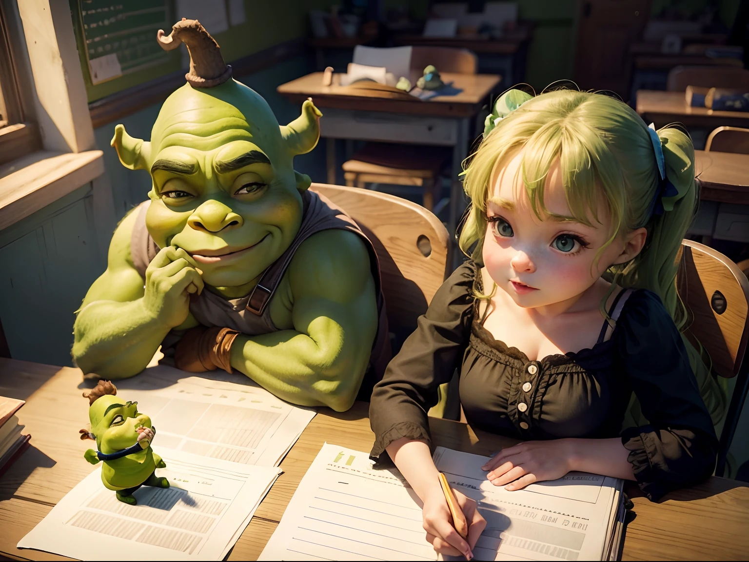 Cute Shrek and Fiona as first-grade children of 7 years sit at the same desk on September 1