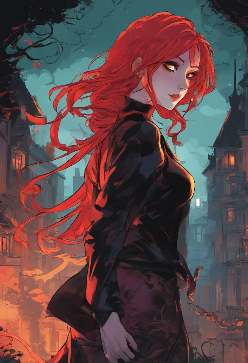 cat girl,red long hair,gothic,mini skirt,black long sleeve shirt,red eyes,anime style,metallic look,moonlight,gritty texture,dark background,mysterious atmosphere,vivid colors(beautiful contrast between the red hair and black clothing),sharp focus(intense details on the face and clothing),ultra-detailed eyes and face(best quality),long eyelashes,confident pose,expression with a hint of mystery,surrounded by mist,ethereal glow,haunting beauty,soft lighting.