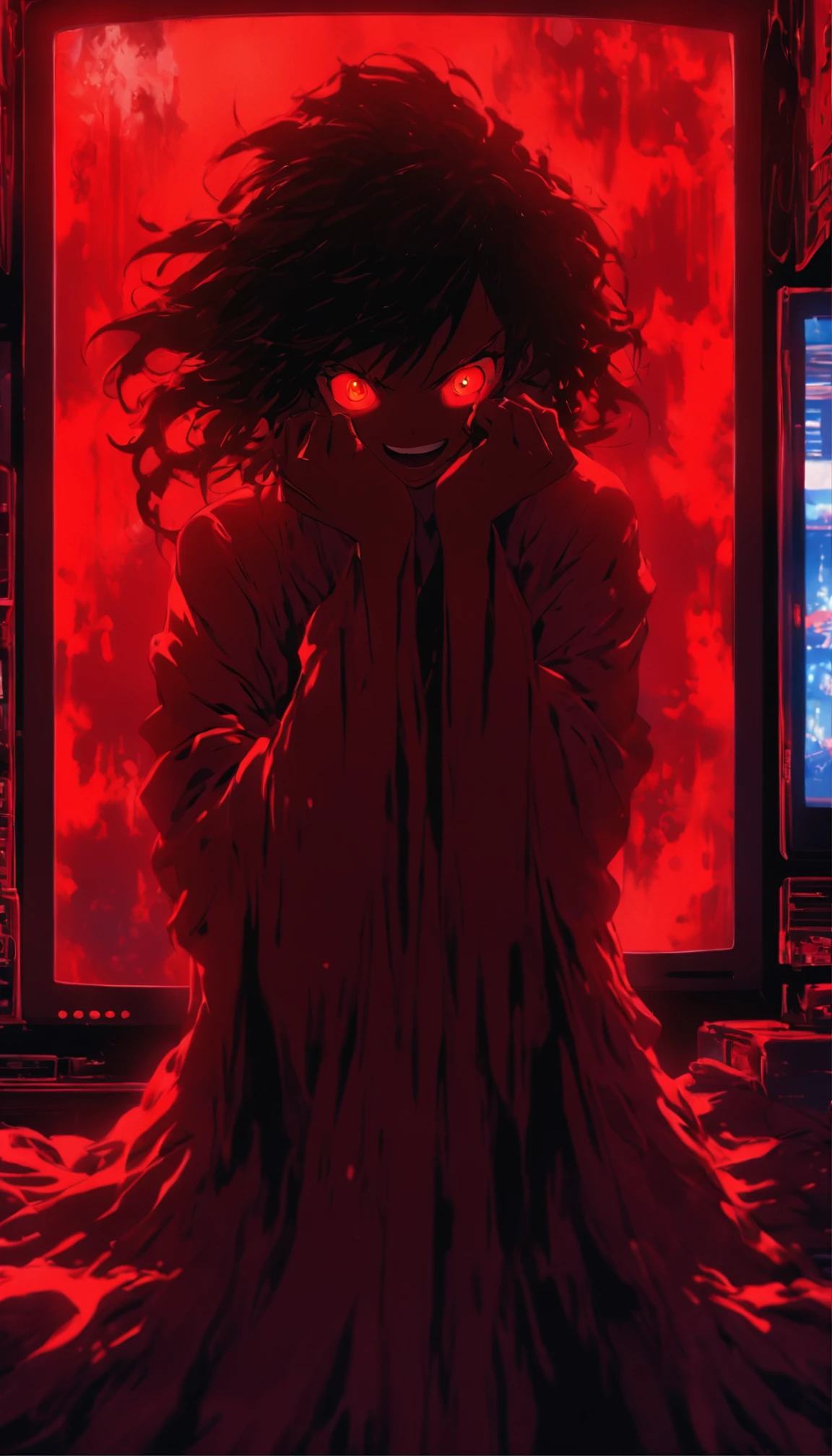 Blood red room, Flashing TV screen, 1girll, cabelos preto e longos, with hair dishevelled, Cover one eye and face, Bright red eyes, Wearing a white transparent robe, Looming full breasts, Half of the body is stuck on the TV screen, reaching out her hands,Straighten your body, Red nails are exposed, Pinch the camera, hyper HD, Anatomically correct, Textured skin, Super detail, High details, High quality, A high resolution, 8K, hyper HD, Anatomically correct, Textured skin, Super detail, High details, High quality, Best quality, 8K,Leishnampo,Room 2,Horror
