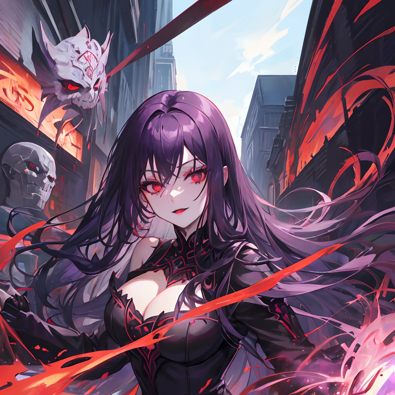 Woman, long dark purple hair, red eyes with a bright light, black long open dress, witch, silver jewelry in the shape of ribs, metal mask on half of the face, black lipstick