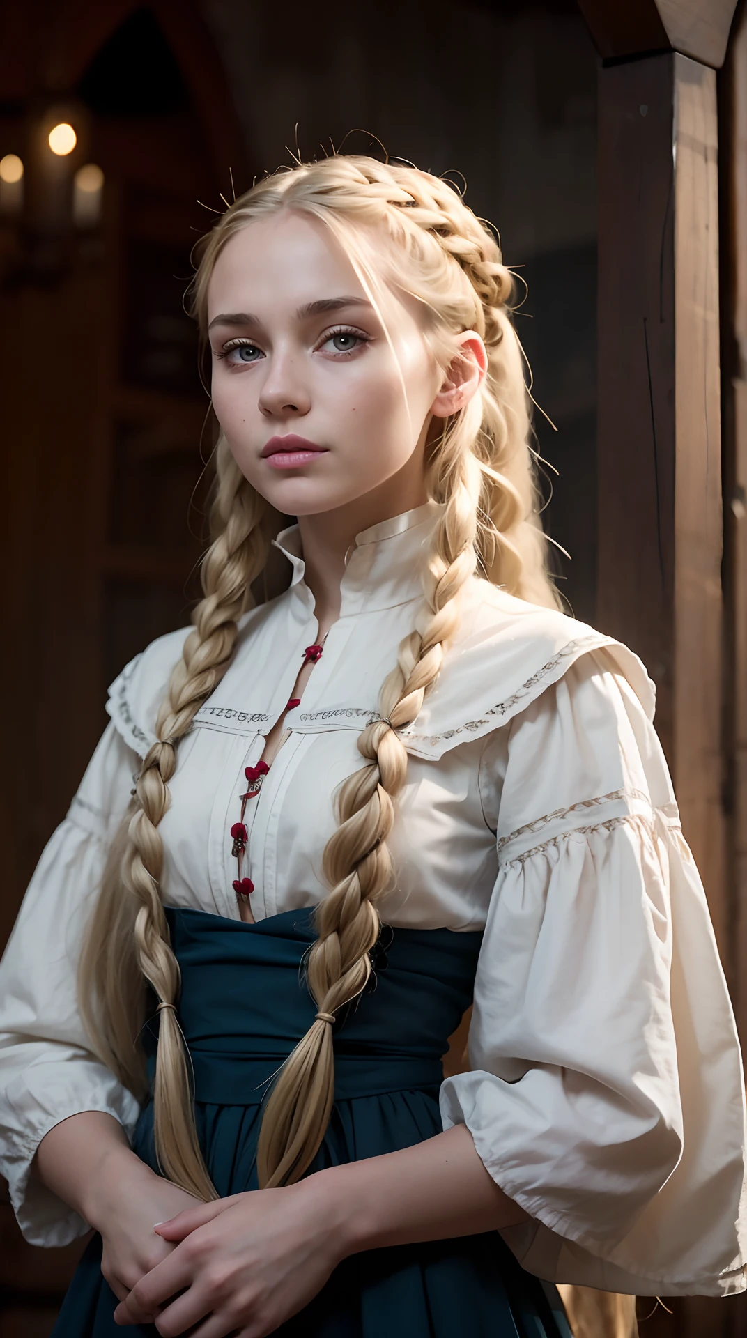 RAW photo, A girl of Slavic appearance, 20years old, Waist-length image in the center of the composition, blond hair, (Long braids), Poor medieval clothes, ((Modest)), Embarrassed, blurred background, 8K UHD, soft-lighting, hiquality, Film grain, Fujifilm XT3