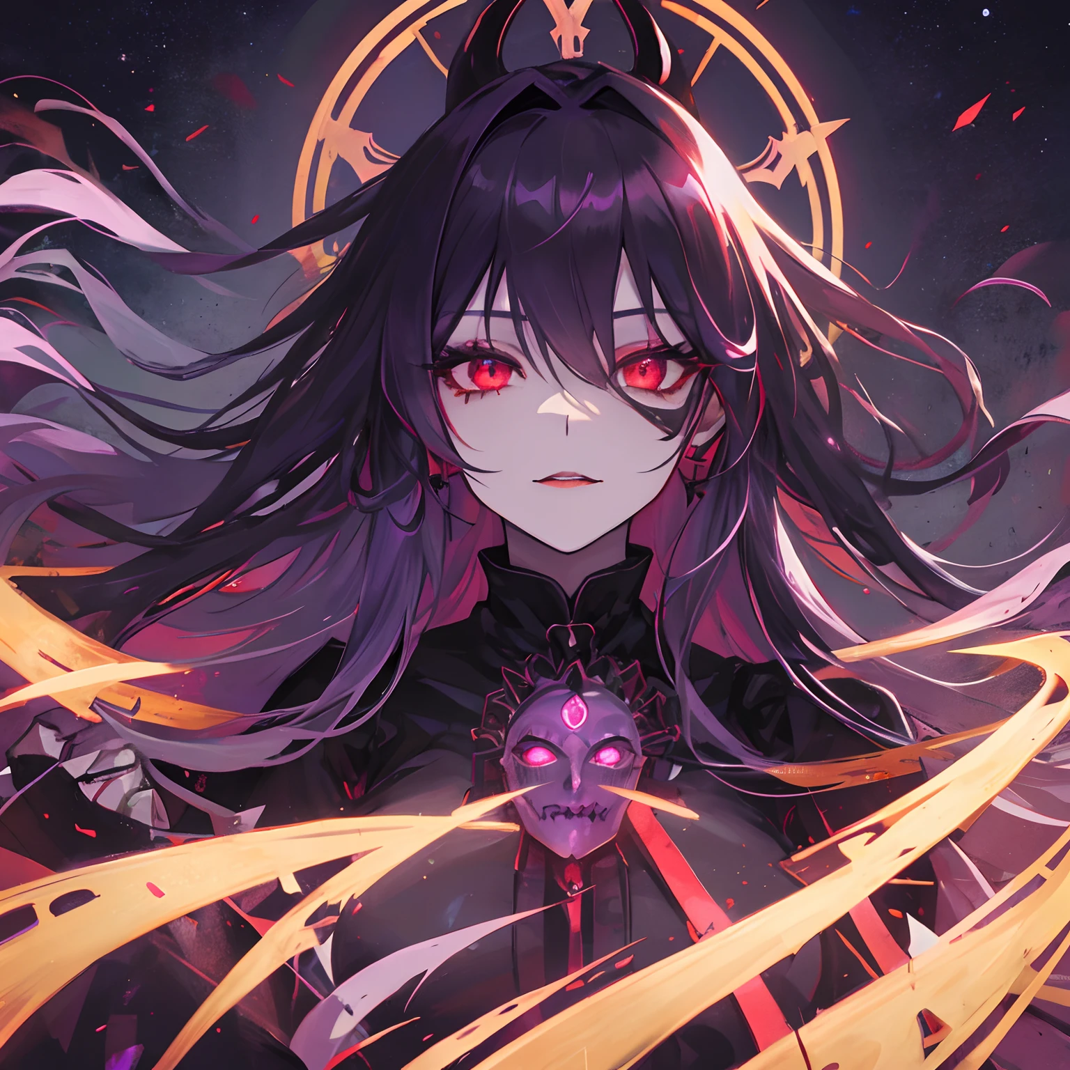 Woman, long dark purple hair, red eyes with a bright light, black long open dress, witch, silver jewelry in the shape of ribs, metal mask on half of the face, black lipstick