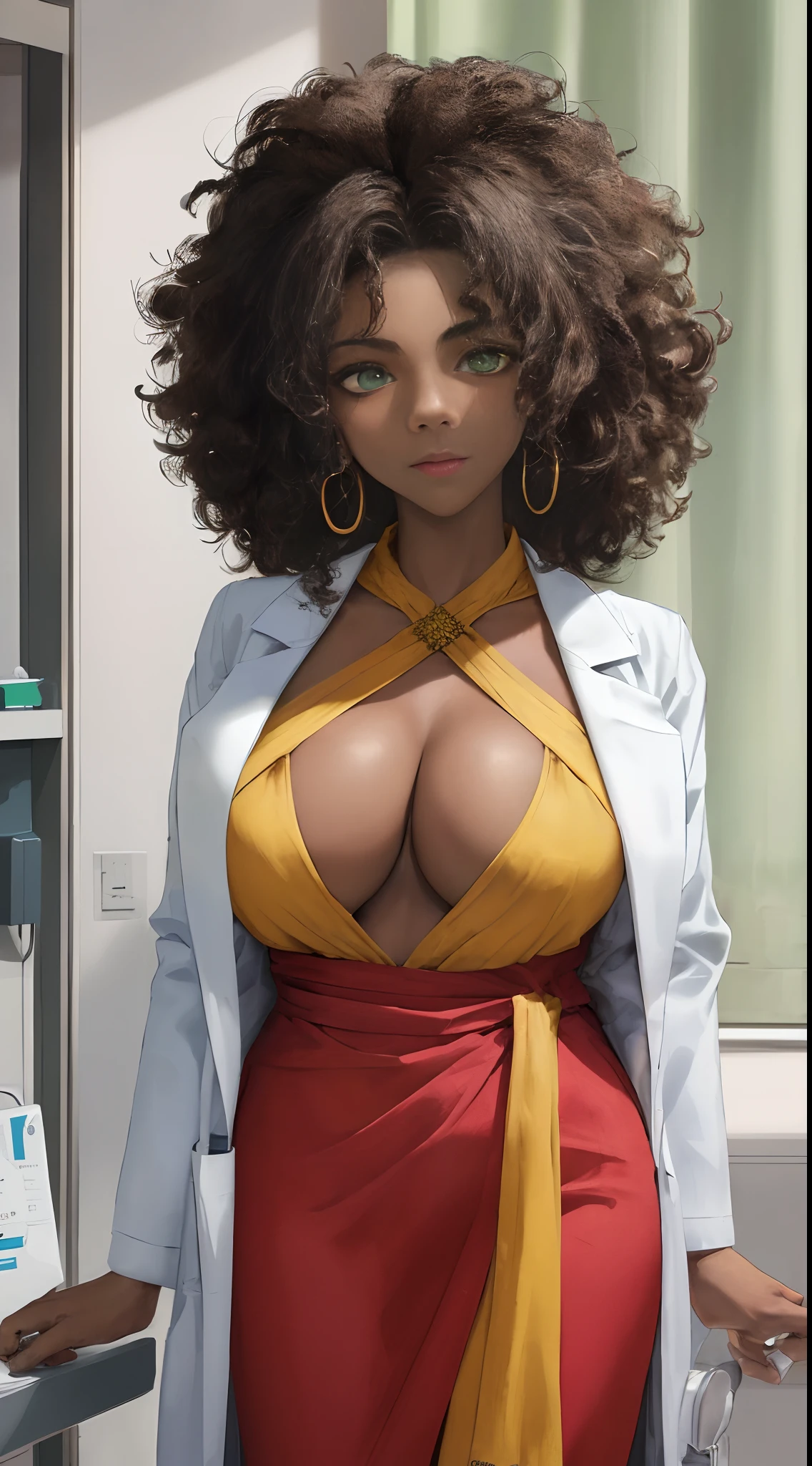 ((Masterpiece, hiquality, absurdress) 1Woman, black hair, curly hair, Afro-curly hair, Green eyes, a perfect face, the perfect body, big breastes, short stature, very dark skin, Hindu woman, 独奏, ((Best Quality)), ((Masterpiece)), (Detailed:1.4), Detailed eyes and face, white robe, Medical Uniform, Doctor's costume, medical doctor, hospital, Emergency Physician