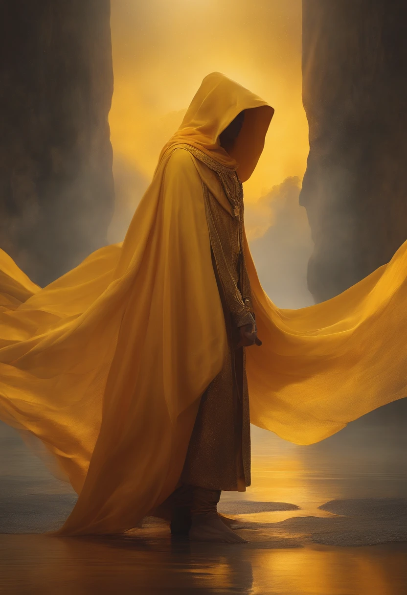 Abstract shape god vaguely resembling a human with a yellow, orange ish cloak
