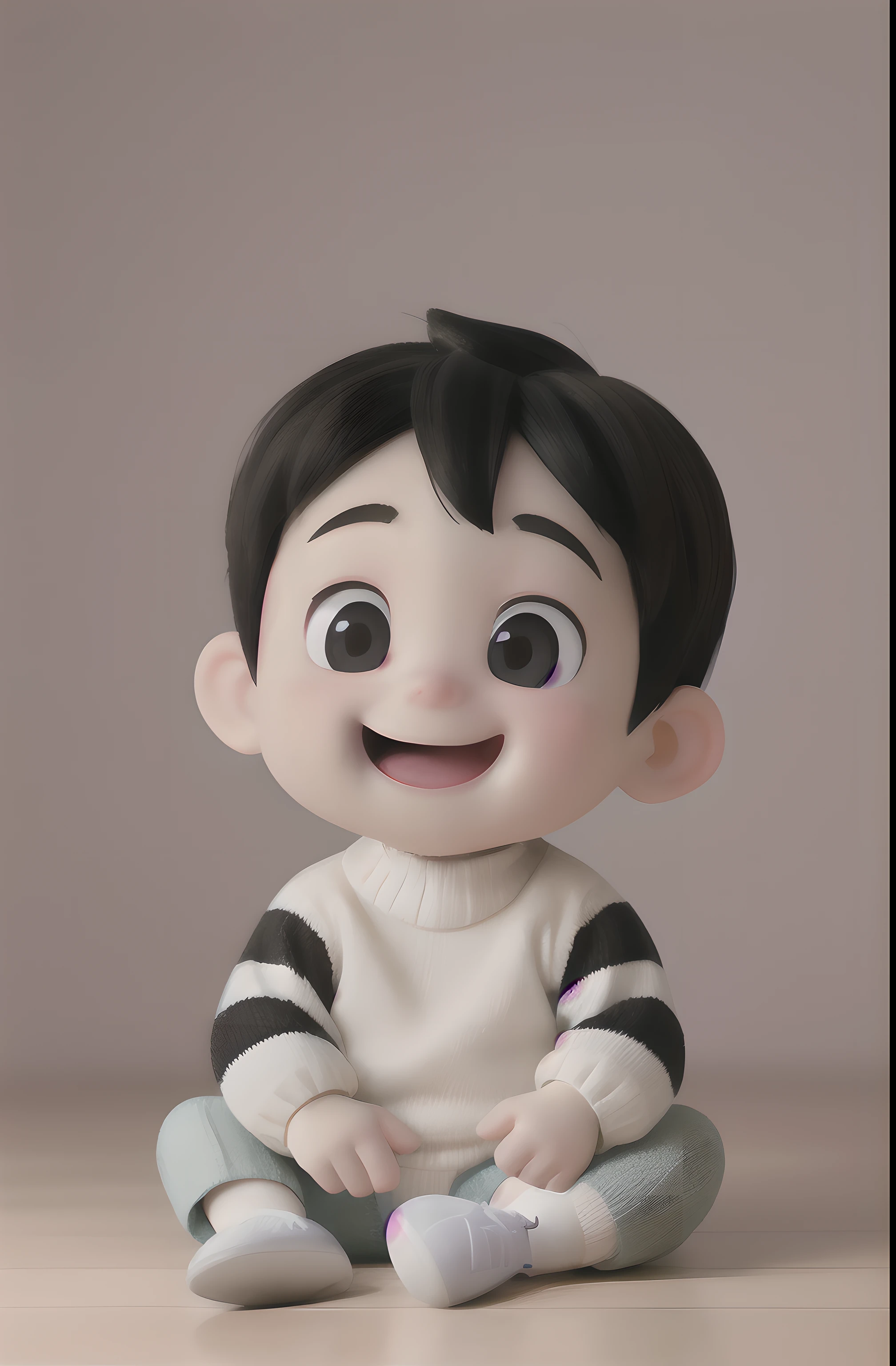 Minimalist 2D illustration of a 1-year-old baby, wearing a striped knit sweater, sitting on the floor and with a happy expression. A imagem deve ser em estilo minimalista, sem detalhes complexos, and must not include a background. The view is at the height of the baby's eyes, with carefully adjusted lighting to highlight the baby and his cheerful expression. The goal is to capture the simplicity and happiness of the moment.