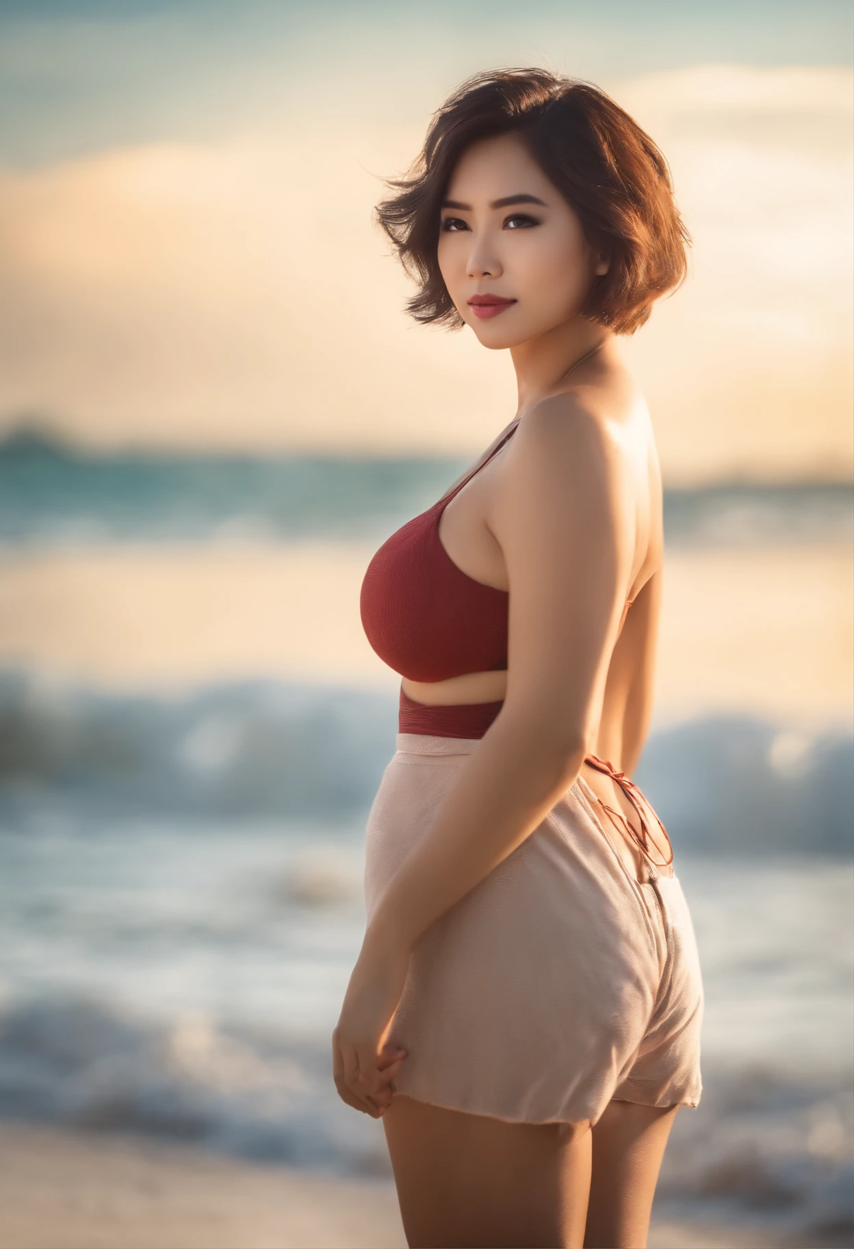 animecharacter, 8k bigboobs sea sandy beach malaysia beauty beauty woman exposure big breasts beautiful asian short hair cleavage