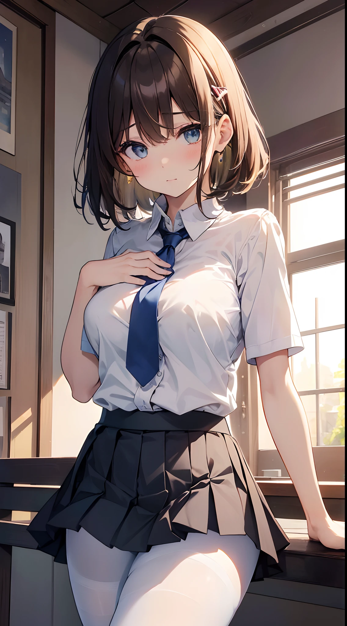 in 8K, top-quality, Real Image, intricate detailes, The ultra-detailliert, 超A high resolution, Depth Field,(Photorealsitic,realisitic:1.2),masterpiece, 0.25 :: a closeup , straight-on shot , from miiddle , 1girl in, AI_chan, an extremely beautiful 17-year-old girl, Innocent big eyes, (brown_Short_hair), (Green_Eyes:1.0),(bangss),dishevled hair,(hair clips), perfect glossy skin, flawless skin, fair white skin, huge-breasted, cleavage of the breast, narrow waists, thin blush, 独奏, looking at the viewers, lightsmile, The Perfect Five Fingers, chubby under the clothes、perspiring、 Wear((School_uniform)、(white_Skirt)、(Blue_long_tie)、(Blue_pleats_Skirt)、(Black_pantyhose:1.2)、 (Gravure Pose:1.1)、 Sunset High School in Japan ,Flipping up the skirt with your hands、Show white panties、Pull up your skirt and show your panties、Colossal tits、Functional、Show white panties、Flip the skirt、Skirt flipping、Roll up the scar by hand、Show underwear、Show off your pants with your own hands、Panchira、bare-legged、Opening legs、Open legs、bare-legged、Large open legs、Panties digging into the crotch、lightly raise one leg