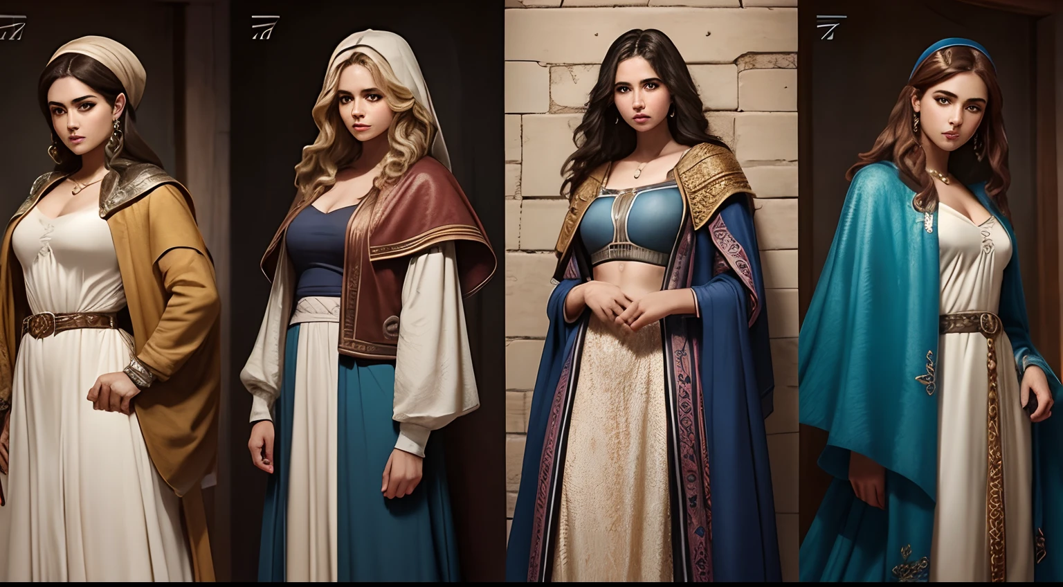 crie uma imagem de quatro mulheres israelitas com poucos adornos e vestes reais first-century women