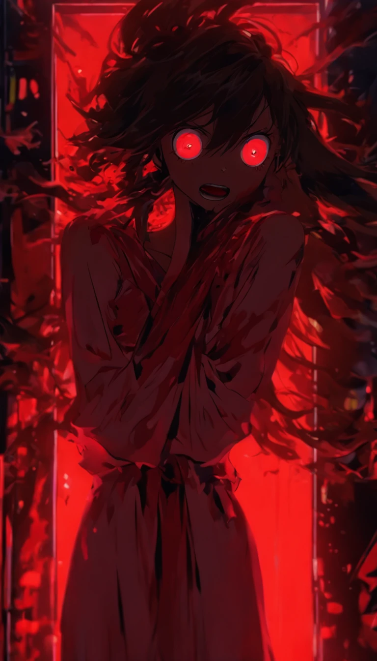 Blood red room, Flashing TV screen, 1girll, cabelos preto e longos, with hair dishevelled, Cover one eye and face, Bright red eyes, Wearing a white transparent robe, Looming full breasts, Half of the body is stuck on the TV screen, reaching out her hands,Straighten your body, Red nails are exposed, Pinch the camera, hyper HD, Anatomically correct, Textured skin, Super detail, High details, High quality, A high resolution, 8K, hyper HD, Anatomically correct, Textured skin, Super detail, High details, High quality, Best quality, 8K,Leishnampo,Room 2,Horror