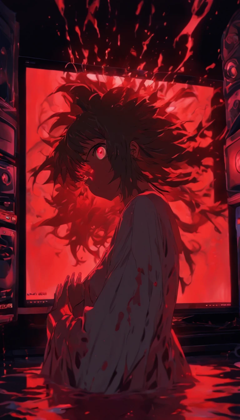 Blood red room, Flashing TV screen, 1girll, cabelos preto e longos, with hair dishevelled, Cover one eye and face, Bright red eyes, Wearing a white transparent robe, Looming full breasts, Half of the body is stuck on the TV screen, reaching out her hands,Straighten your body, Red nails are exposed, Pinch the camera, hyper HD, Anatomically correct, Textured skin, Super detail, High details, High quality, A high resolution, 8K, hyper HD, Anatomically correct, Textured skin, Super detail, High details, High quality, Best quality, 8K,Leishnampo,Room 2,Horror