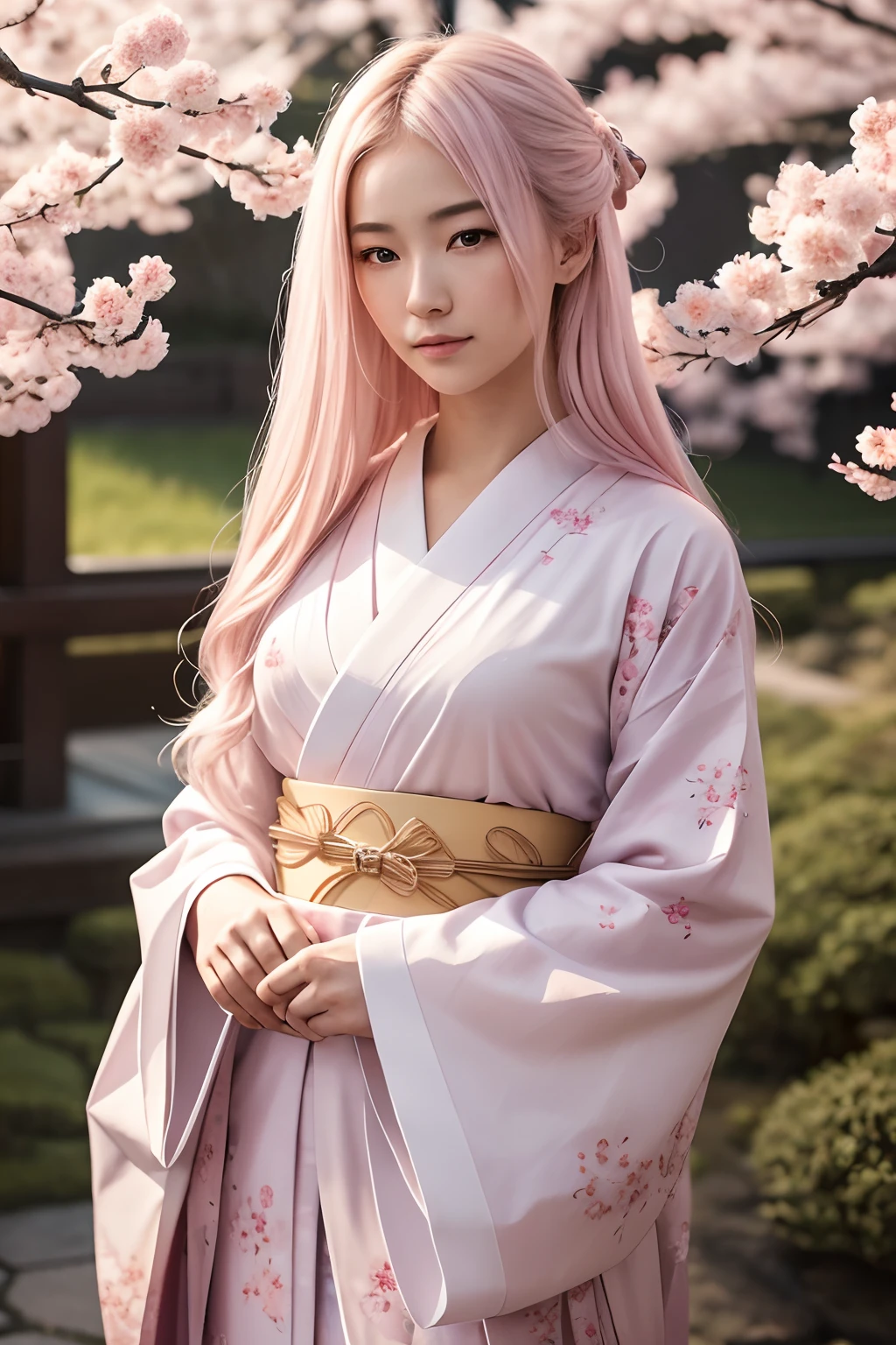 young woman pale skin, long bubblegum pink hair, pink eyebrows, big jade green eyes, buttoned nose, peach lips, small breasts, wide forehead, kimono of flowers and butterflies, Sakura Haruno, realist, 3D
