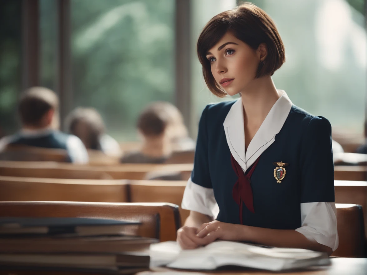 school uniform, short hair, cute, woman, fashion magazine, detailed, character concept art,