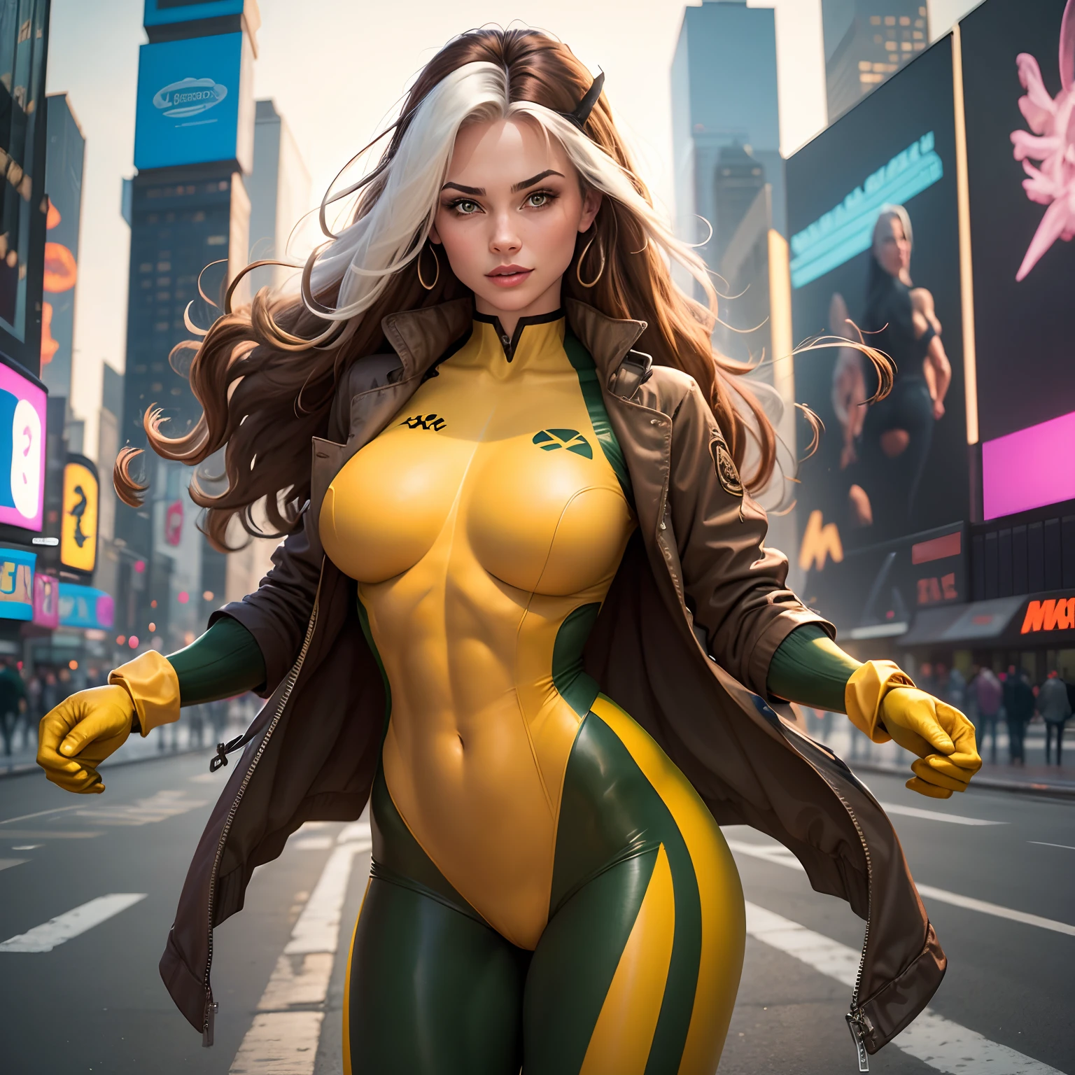 (New York: 1.3), (time square), (master piece, best quality: 1.2), Classic Vampire, 1 girl, only, long hair, breasts, smile, large breasts, brown hair, green eyes, jacket, hair big, white hair, multicolored hair, parted lips, clothes, two-tone hair, open jacket, outlined lips, green and yellow bodysuit, covered navel, makeup, muscular, headband, abs, tight skin, multicolored clothes, muscular female , dyed fringe, multicolored bodysuit, green bodysuit, yellow bodysuit, Looking at Viewer, (Average Breasts: 1.3), (Hanging Breasts: 1.3), (Full Breasts: 1.3), (Realism: 1.5), (Realisitc: 1.4) , (Absurdity:1.4), 8k, ultra-detailed, Detailed Beautiful Woman, (only:1.4), 1girl, (Viewer facing:1.2),