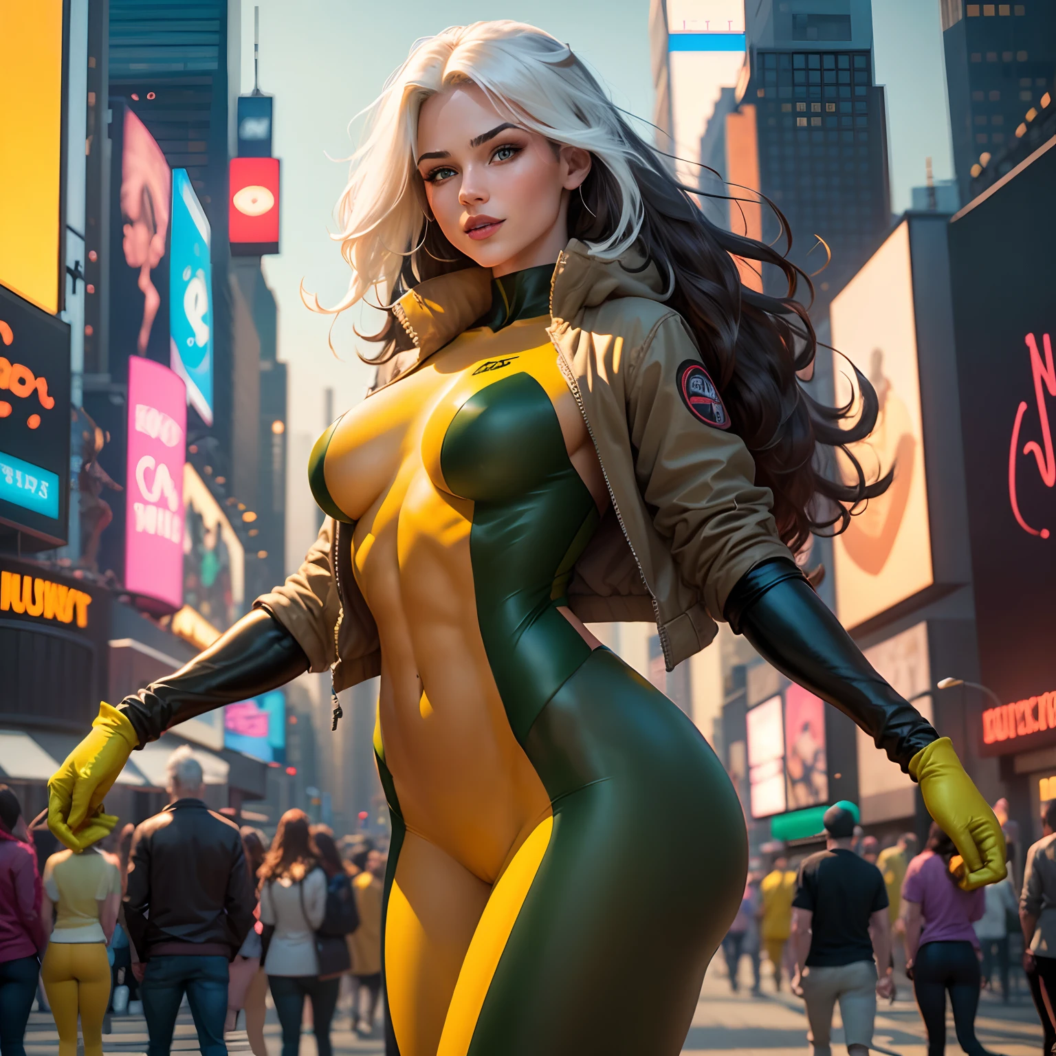 (New York: 1.3), (time square), (master piece, best quality: 1.2), Classic Vampire, 1 girl, only, long hair, breasts, smile, large breasts, brown hair, green eyes, jacket, hair big, white hair, multicolored hair, parted lips, clothes, two-tone hair, open jacket, outlined lips, green and yellow bodysuit, covered navel, makeup, muscular, headband, abs, tight skin, multicolored clothes, muscular female , dyed fringe, multicolored bodysuit, green bodysuit, yellow bodysuit, Looking at Viewer, (Average Breasts: 1.3), (Hanging Breasts: 1.3), (Full Breasts: 1.3), (Realism: 1.5), (Realisitc: 1.4) , (Absurdity:1.4), 8k, ultra-detailed, Detailed Beautiful Woman, (only:1.4), 1girl, (Viewer facing:1.2),