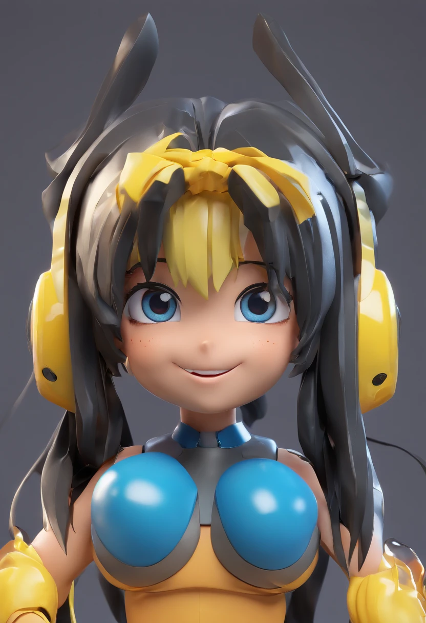 Personaje de anime, cabello negro, corto, ojos, amarillo oscuro, mirada feliz, micro bikini, cuerpo delgado.