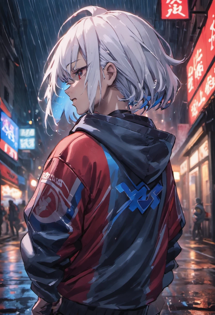 Close-up photos, White hair,Gojo Gojo,Wearing a hoodie with red and blue design, On a rainy street at night, Photorealistic, Cinematic lighting