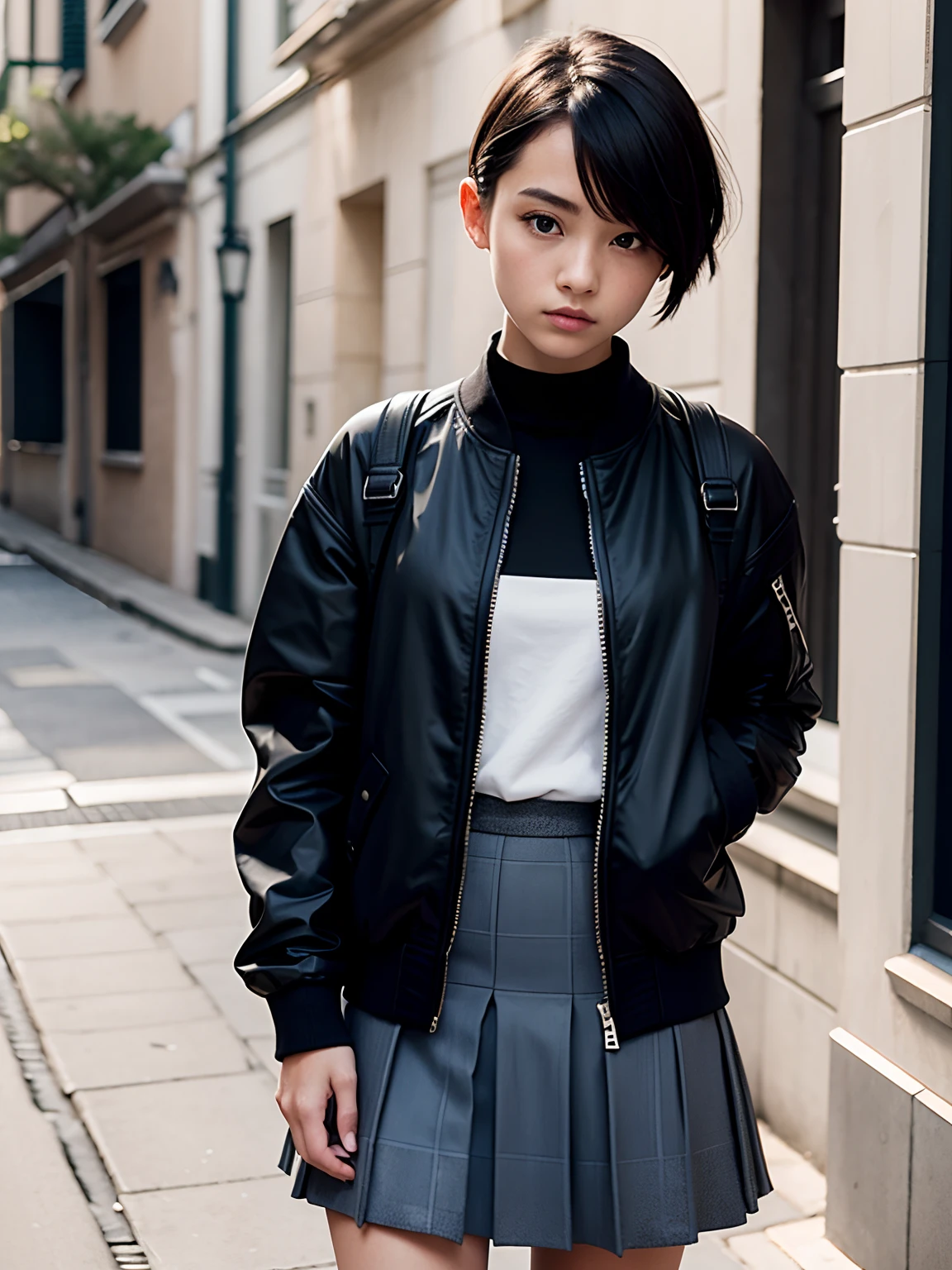 school uniform, short hair, fashion model, wearing black balenciaga jacket, looking away from camera