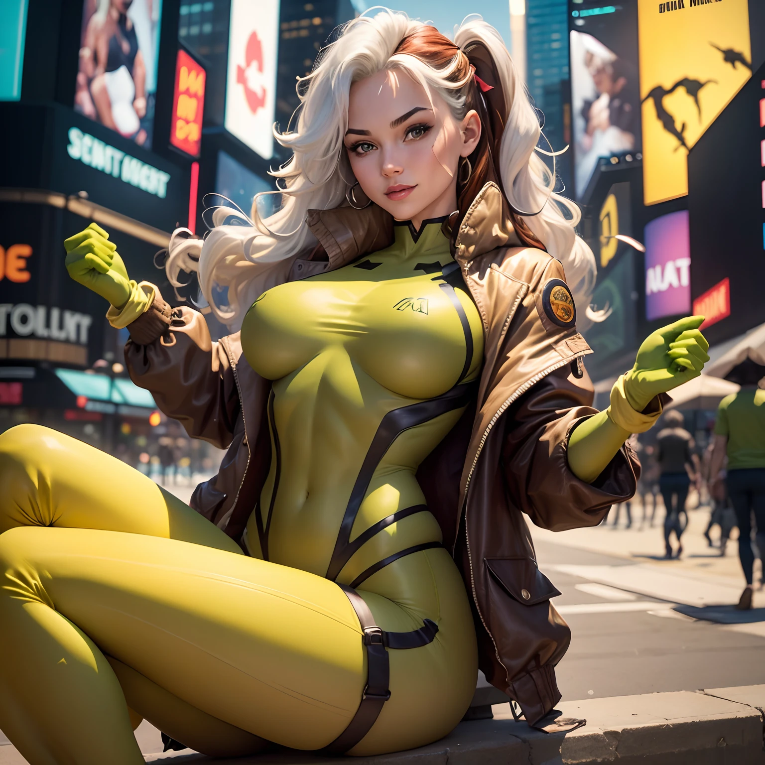 (New York: 1.3), (time square), (master piece, best quality: 1.2), Classic vampire, 1 girl, only, long hair, breasts, smile, large breasts, brown hair, green eyes, jacket, hair big, white hair, multicolored hair, parted lips, Clothing, Two-tone hair, open jacket, outlined lips, Green and yellow bodysuit, covered navel, makeup, muscular, headband, Abs, tight skin, multicolored clothes, muscular female , dyed fringe, multicolored bodysuit, green bodysuit, yellow bodysuit, Looking at Viewer, (Average Breasts: 1.3), (Hanging Breasts: 1.3), (Full Breasts: 1.3), (Realism: 1.5), (Realisitc: 1.4) , (Absurdity:1.4), 8k, ultra-detailed, Detailed Beautiful Woman, (only:1.4), 1girl, (Viewer facing:1.2),