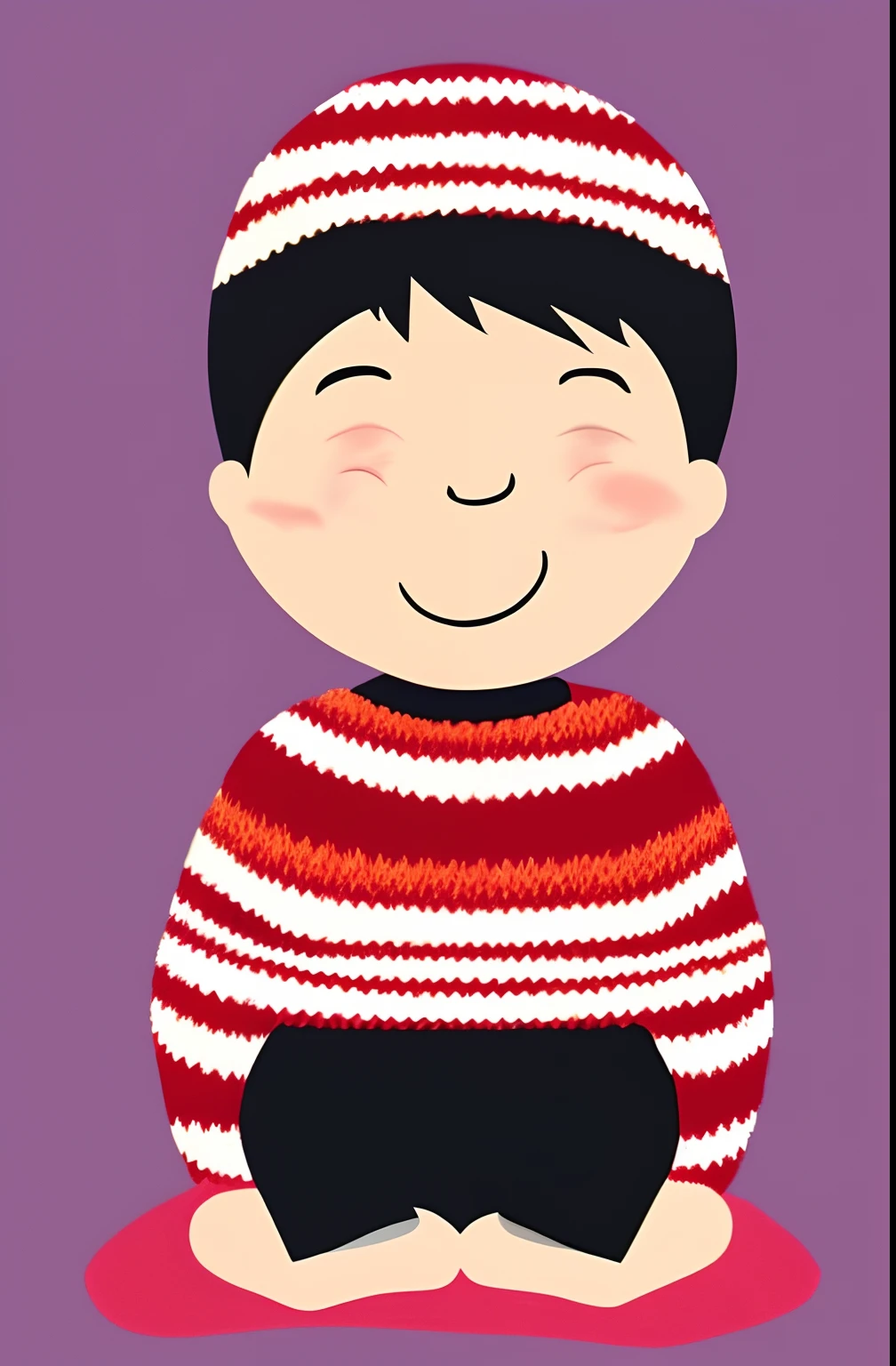 Minimalist 2D illustration of a 1 , wearing a striped knit sweater, sitting on the floor and with a happy expression. A imagem deve ser em estilo minimalista, sem detalhes complexos, and must not include a background. The view is at the height of the baby's eyes,  carefully adjusted lighting to highlight the baby and his cheerful expression. The goal is to capture the simplicity and happiness of the moment.