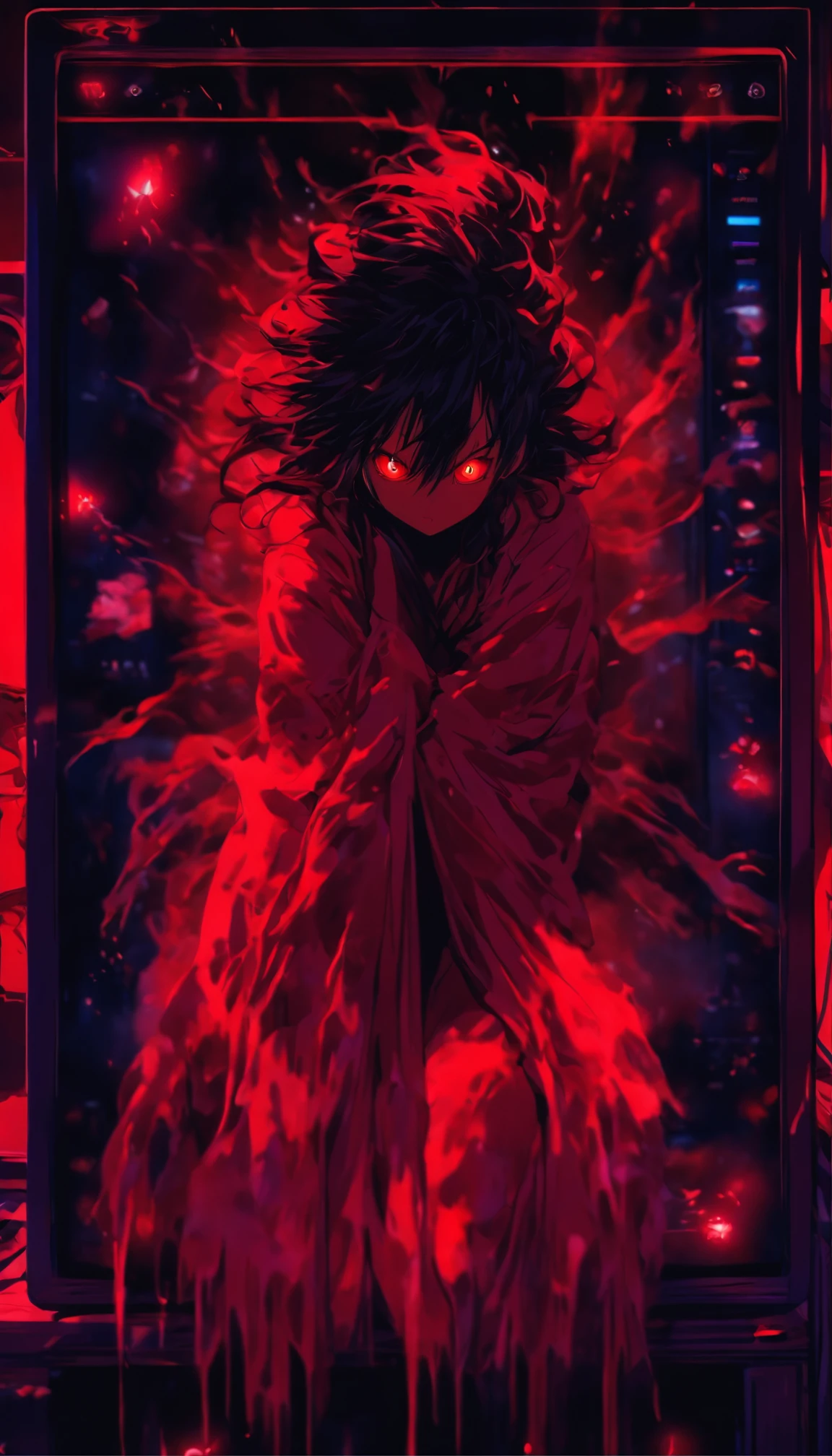 Blood red room, Flashing TV screen, 1girll, cabelos preto e longos, with hair dishevelled, Cover one eye and face, Bright red eyes, Wearing a white transparent robe, Looming full breasts, Half of the body is stuck on the TV screen, reaching out her hands,Straighten your body, Red nails are exposed, Pinch the camera, hyper HD, Anatomically correct, Textured skin, Super detail, High details, High quality, A high resolution, 8K, hyper HD, Anatomically correct, Textured skin, Super detail, High details, High quality, Best quality, 8K,Leishnampo,Room 2,Horror