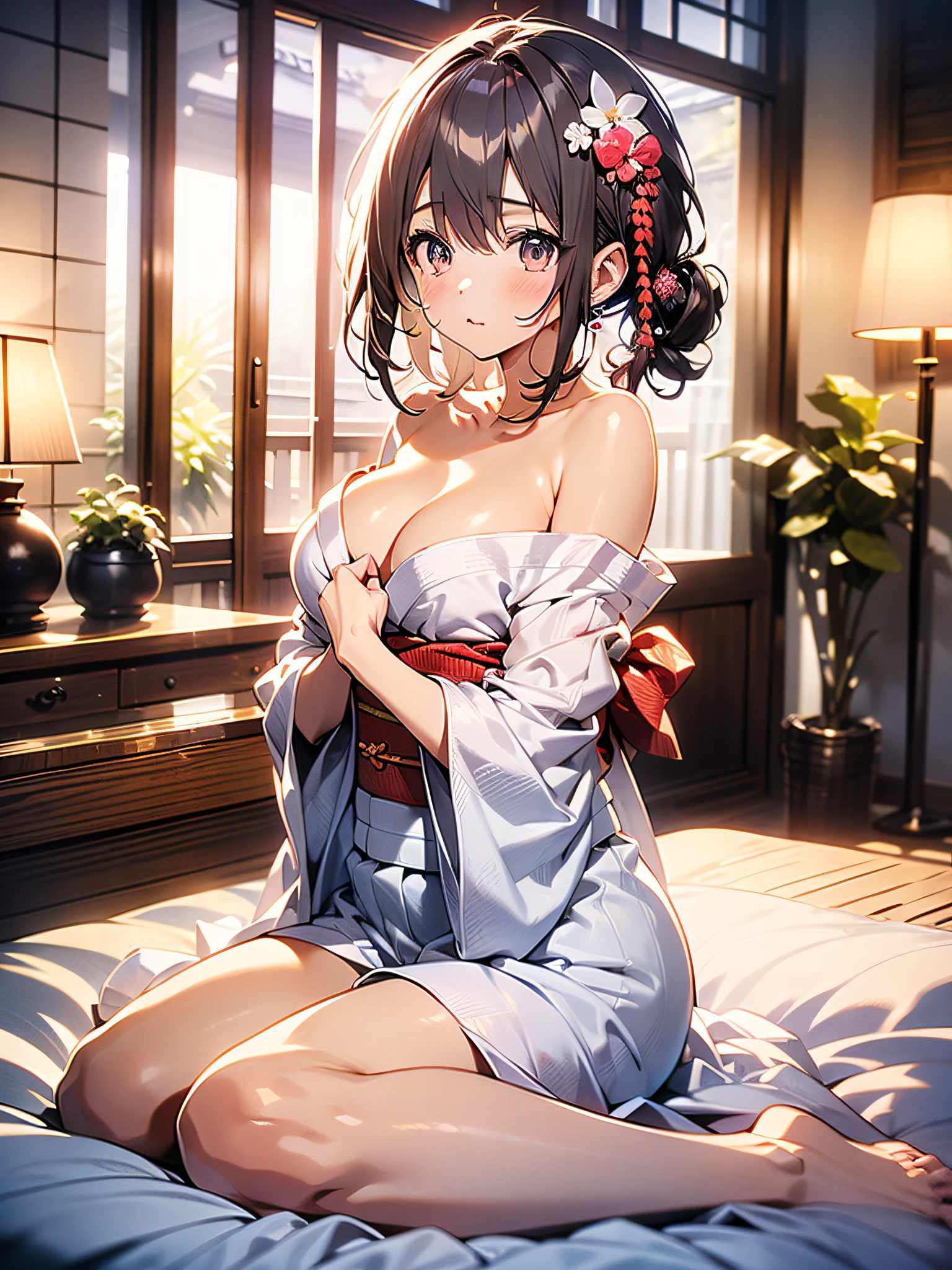 in 8K、top-quality、​masterpiece、ultra-detailliert、Ultra-high resolution、Anime style、(1人の女性)、natta、darkened room、On the futon、fullnude、Hakata yukata、Wide open chest、bare shoulders​、embarrassed from、Red face