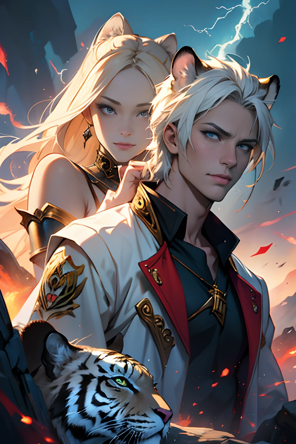A Masterpiece Anime style , Sexy White Tigerfolk Woman Portrait, Fantasy World, Perfect Face, Lightning, HD, cinematic, poster, dark fantasy, vibrant