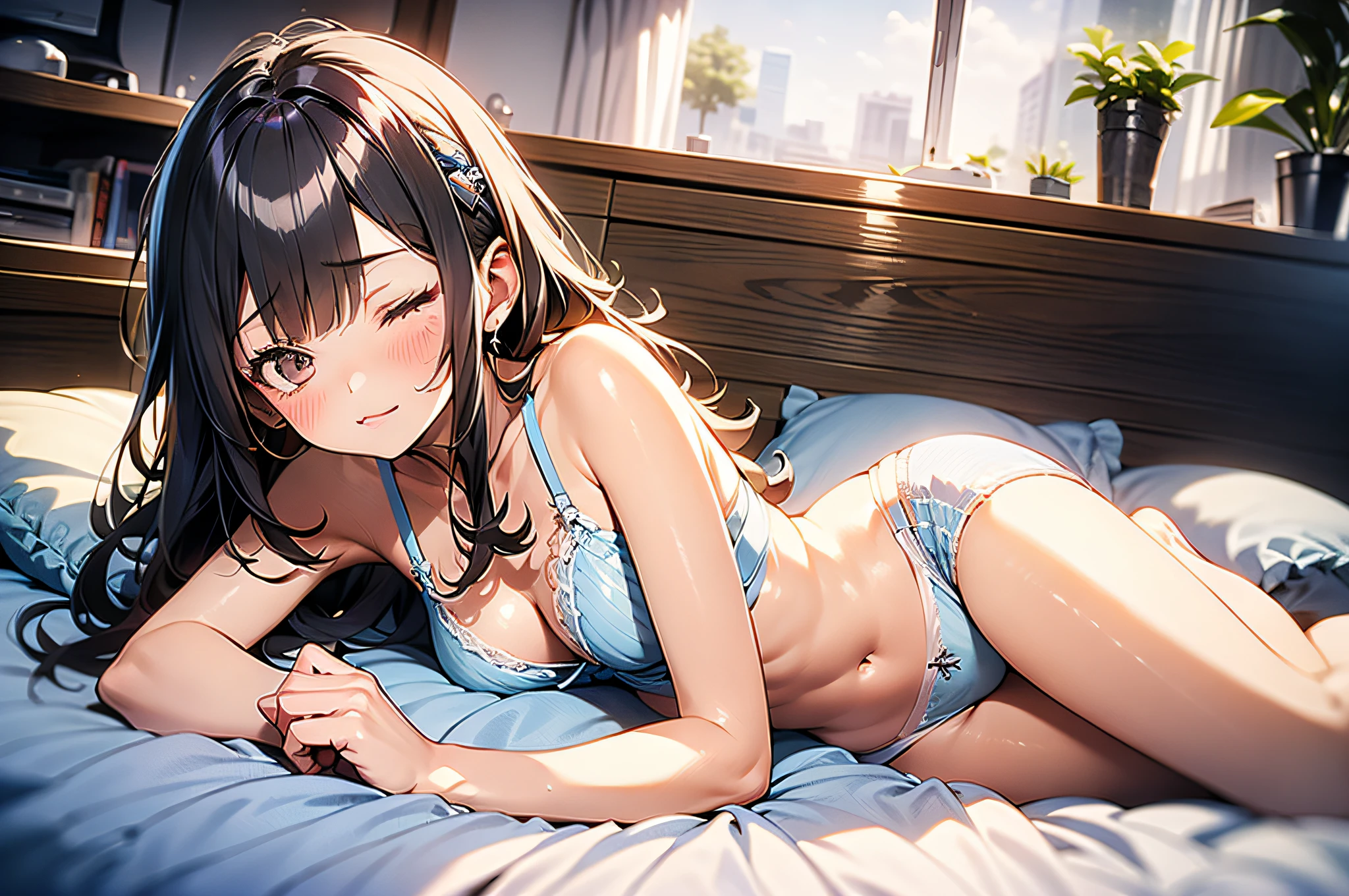 in 8K、top-quality、​masterpiece、ultra-detailliert、Ultra-high resolution、Anime style、(1人の女性)、natta、darkened room、On the futon、Sleeping on your side、Underwear、bare shoulders​、embarrassed from、Red face