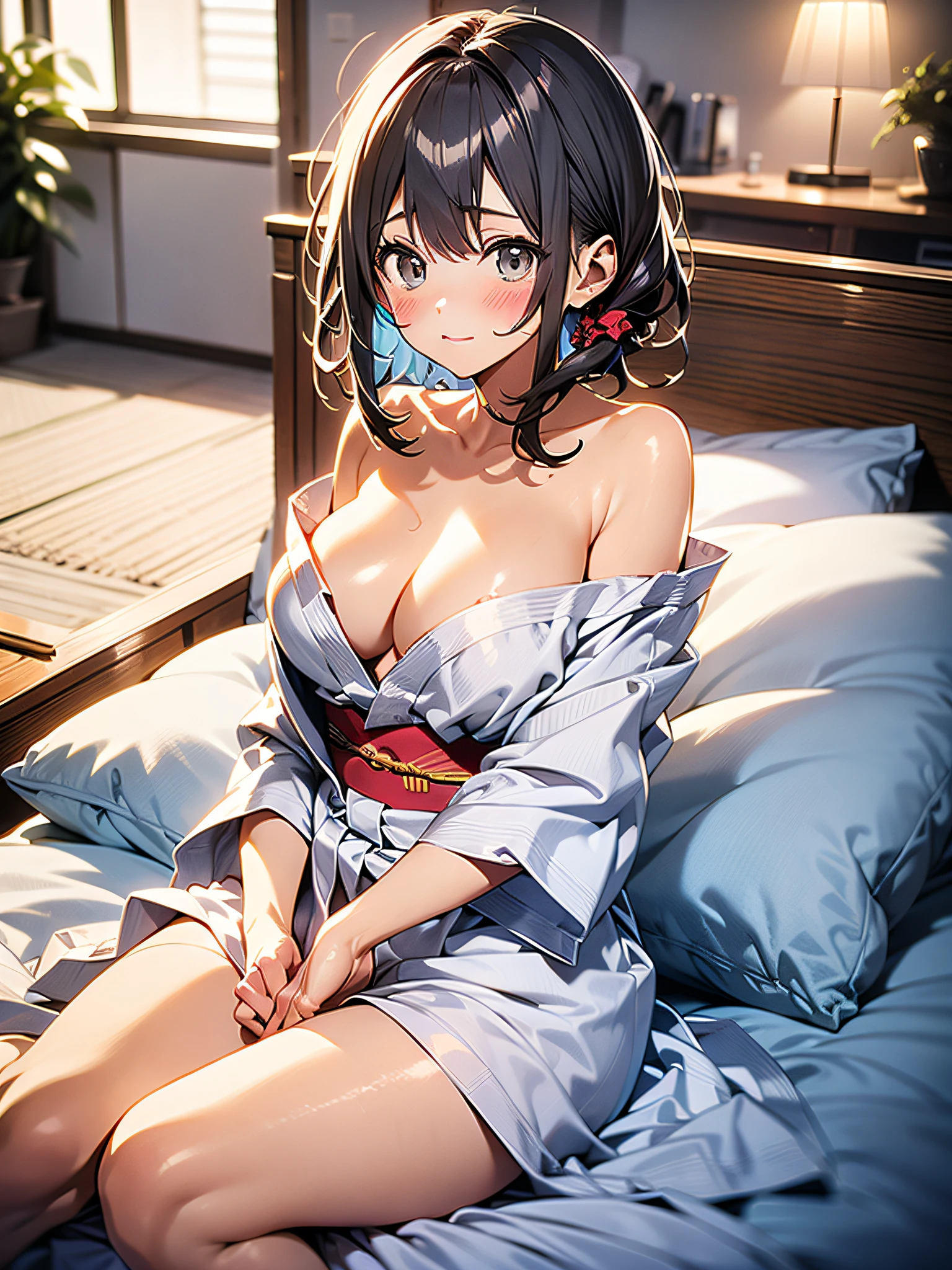 in 8K、top-quality、​masterpiece、ultra-detailliert、Ultra-high resolution、Anime style、(1人の女性)、natta、darkened room、On the futon、fullnude、Hakata yukata、Wide open chest、bare shoulders​、embarrassed from、Red face