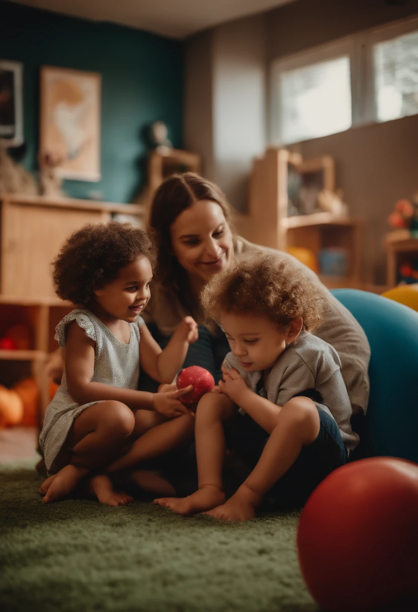 Photo of a family with children in a children's playroom