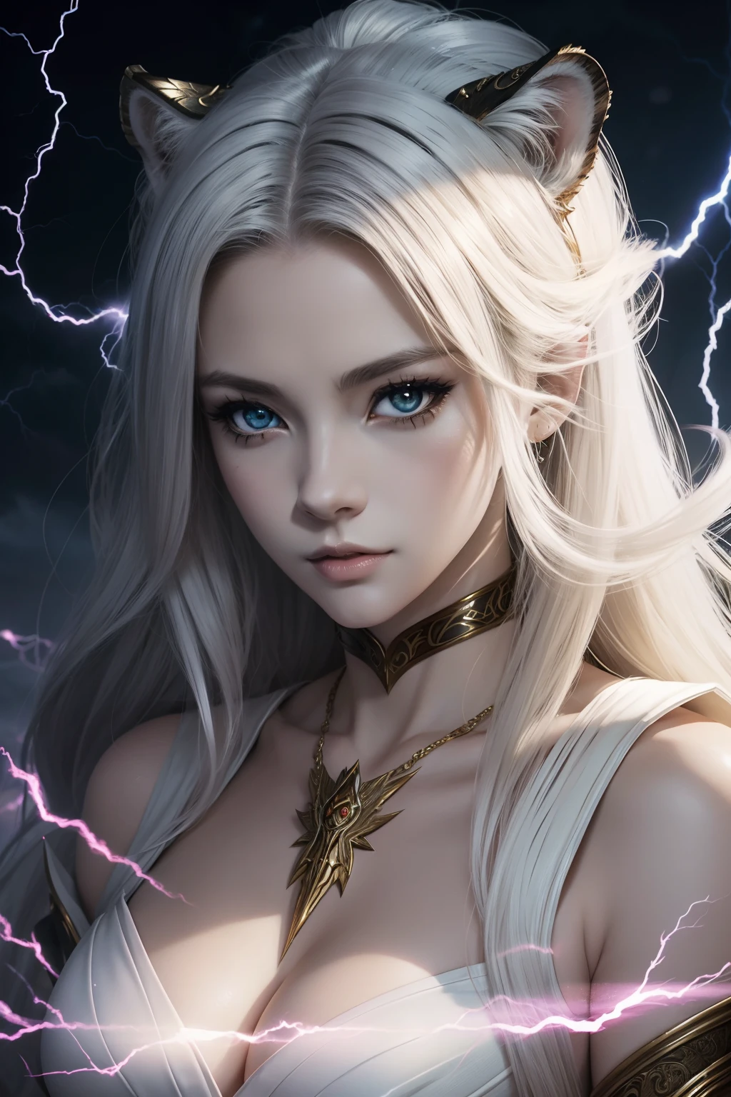 A Masterpiece Anime style , Sexy White Tigerfolk Woman Portrait, Fantasy World, Perfect Face, Lightning, HD, cinematic, poster, dark fantasy, vibrant