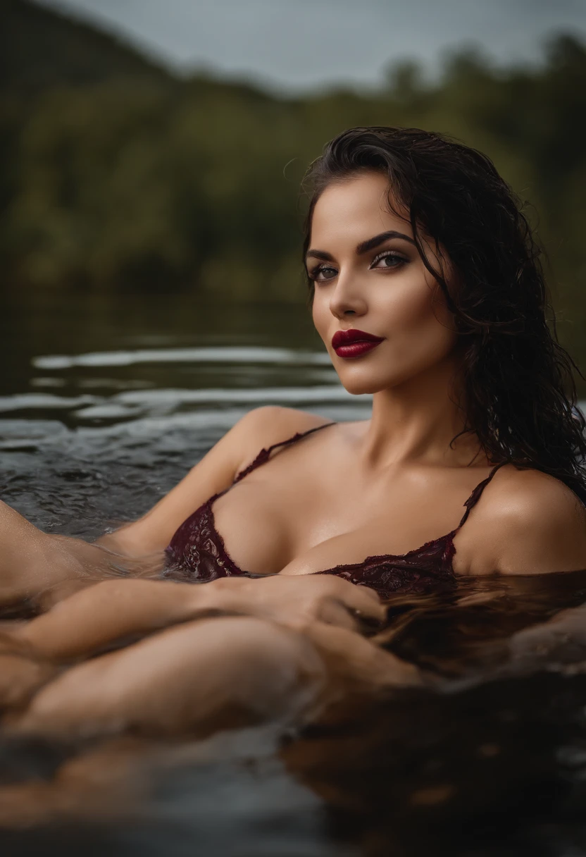 3 Aggressive hot beauty taking bath together , shower,  flowing, enjoying hard , playing soft , sharp look, wide eyes, very dark lips,   lace, lake background , wet wet wet