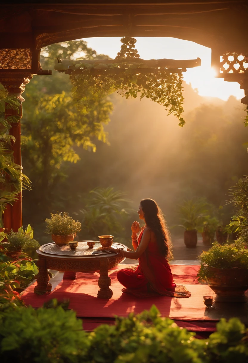 a serene scene at dawn. The soft, golden light of the rising sun gently kisses the lush greenery of a tranquil Ayurvedic garden. A gentle morning mist hovers in the air, adding an ethereal touch to the landscape.
In the foreground, we see a pair of hands tenderly cradling a steaming cup of Ayurvedic herbal tea. The cup is adorned with intricate patterns, reflecting the rich cultural heritage of Ayurveda. A warm, inviting aroma wafts from the tea, instantly evoking feelings of comfort and wellbeing.
Just beyond the cup, a person sits cross-legged in meditation, eyes closed, and a serene smile gracing their face. Their posture exudes inner peace and balance. Surrounding them are various Ayurvedic herbs and healing crystals carefully arranged in a mandala, symbolizing the holistic approach to health.
In the background, a traditional Ayurvedic healing center stands amidst the verdant garden. The architecture blends seamlessly with nature, underlining the harmony between human and environment that Ayurveda promotes.