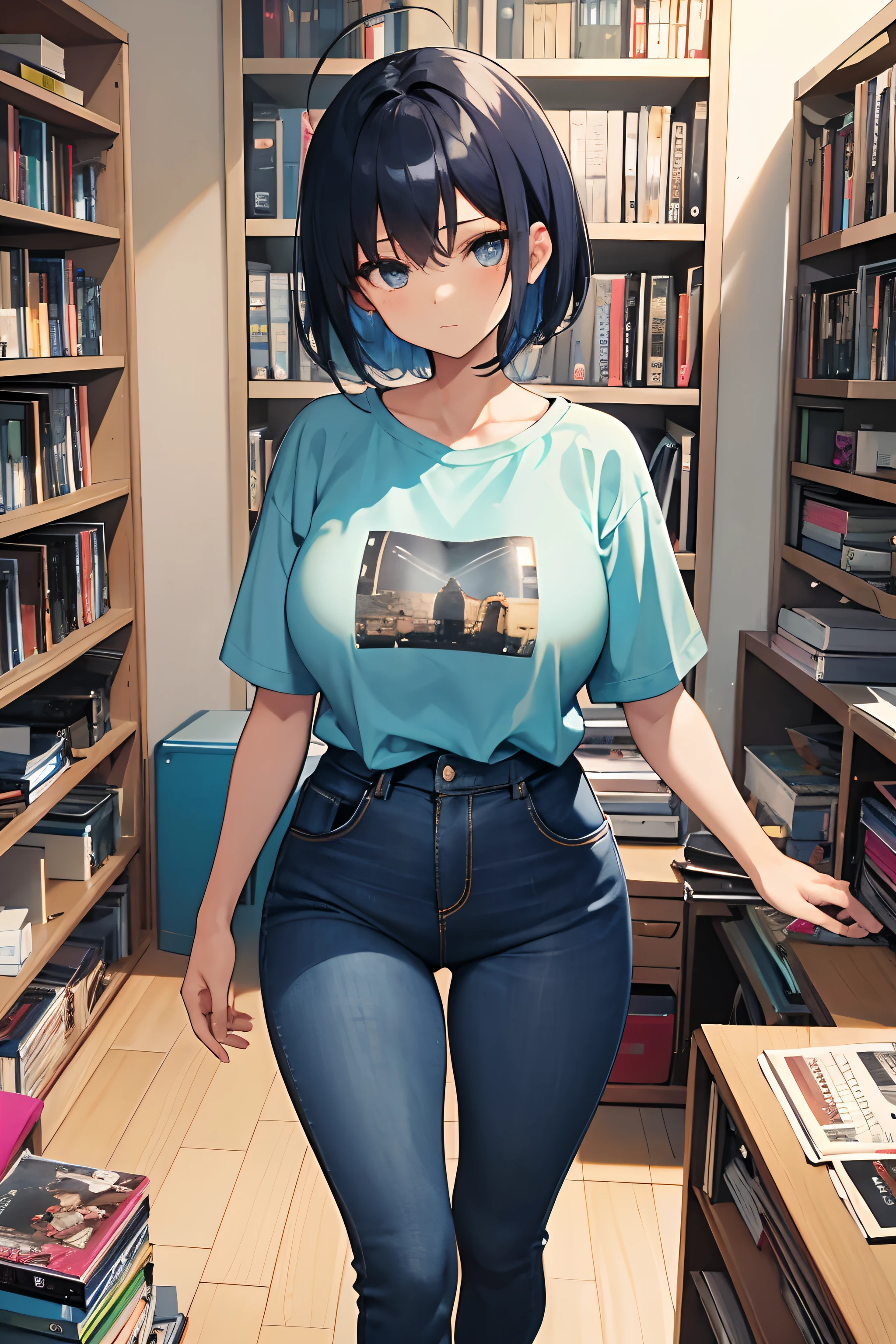 best quality, 1girl, ((looking at viewer)), dark blue hair, black eyes, very short hair, spiky hair, ahoge, t-shirt, high waisted jeans, 171cm, messy hair, hair between eyes, medium breasts, large breasts, plump, dark skin, tomboy, adult, 20 years old, 1girl, solo, sole, grin, wide hips, thighs, standing, messy room, deep cleavage, topless, bedroom, shelves, DVDs, books, video games, computer, CDs, vinyl records, VHS tapes
