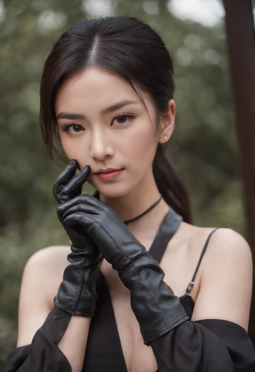 Black leather gloves, black suit, black hair, ponytail, Japanese girl, necklace, upper body