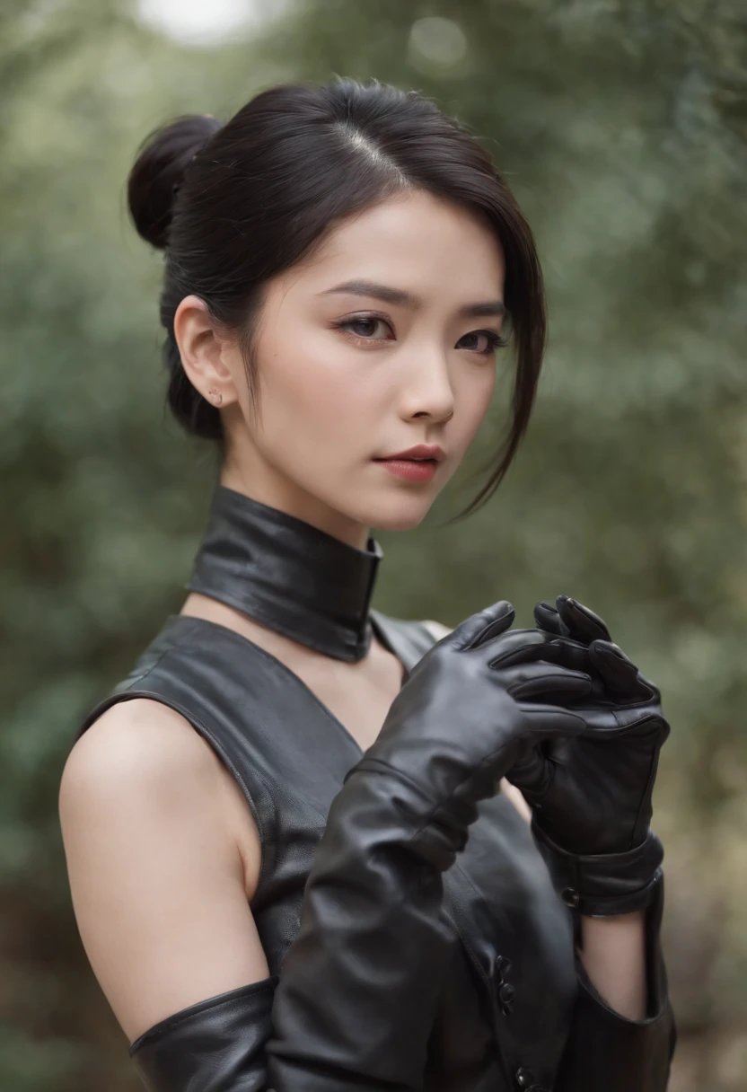 Black leather gloves, black suit, black hair, ponytail, Japanese girl, necklace, upper body
