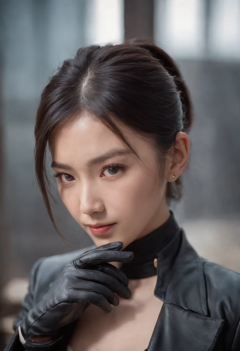 Black leather gloves, black suit, black hair, ponytail, Japanese girl, necklace, upper body