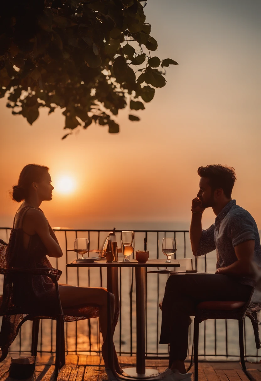 Generate beautiful images to represent the dating scene of the dating app。On the café terrace at sunset、The hero and the other person in a romantic atmosphere、Draw a scene of a conversation by candlelight。Stylish food and wine are arranged on the table。