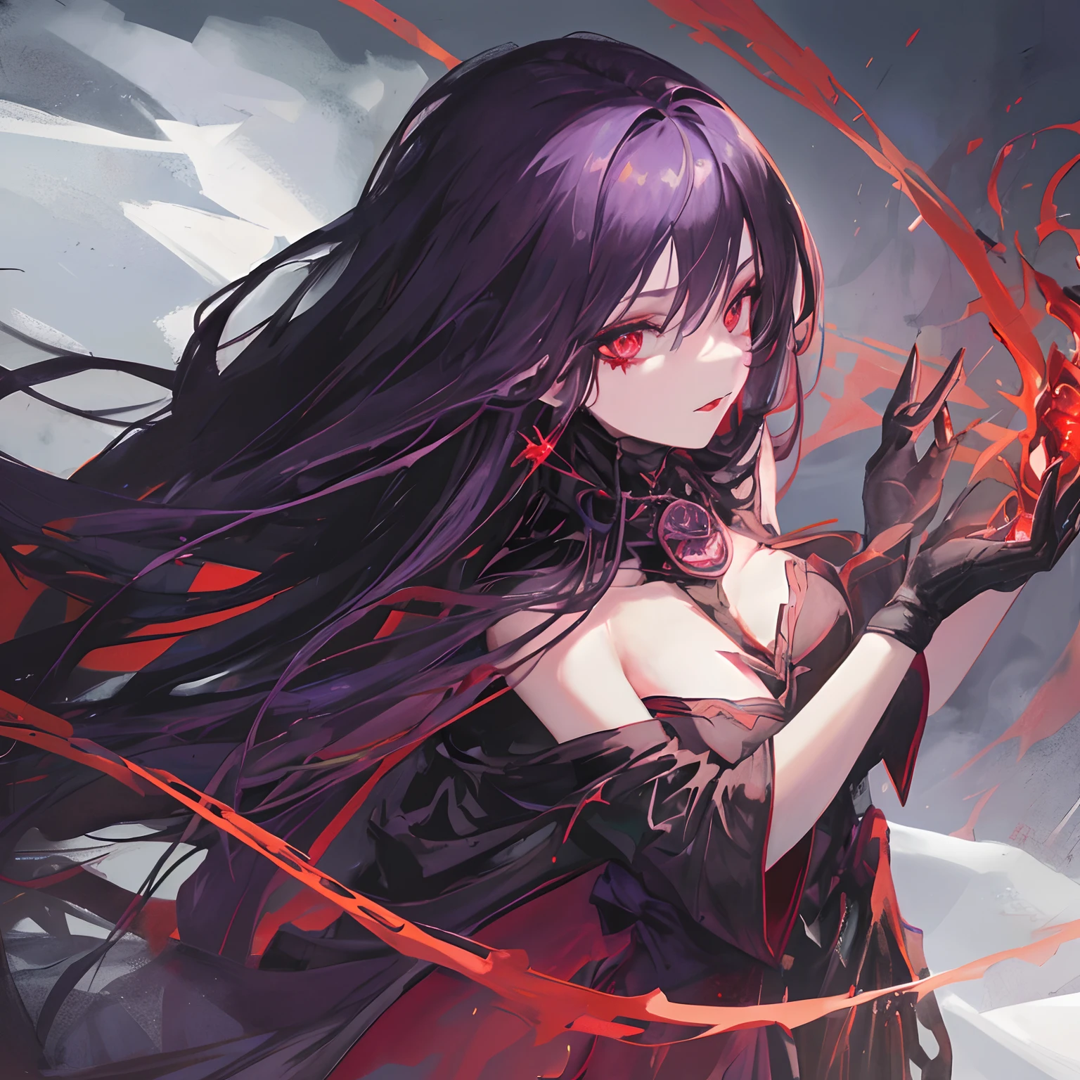 Woman, long dark purple hair, red eyes with a bright light, black long open dress, witch, silver jewelry in the shape of ribs, metal mask on half of the face, black lipstick