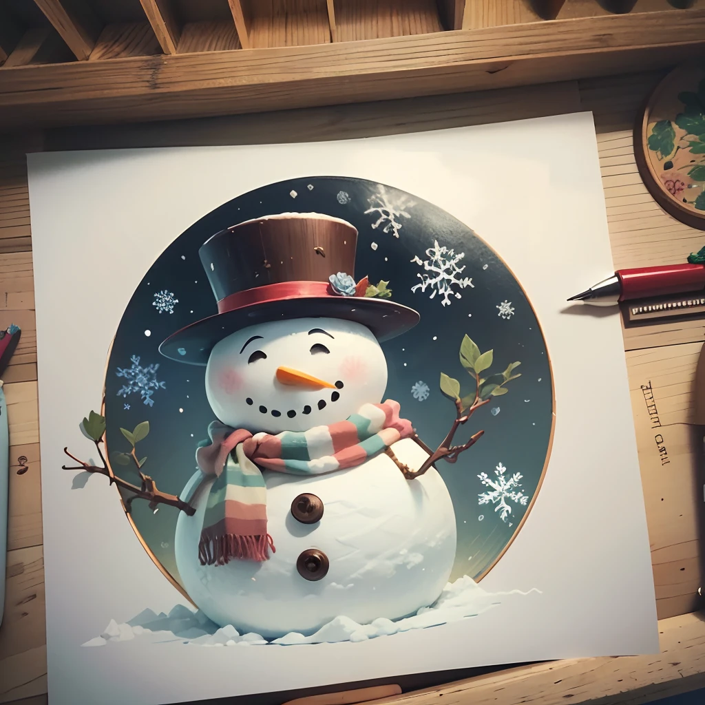 a snowman illustration, pastel illustrated background, in the style of Embroidery --auto --s2