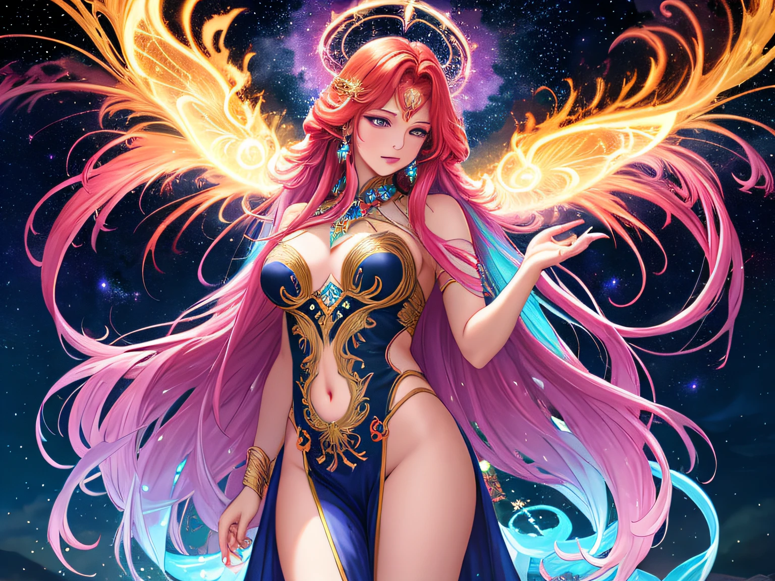 (best quality,4k,8k,highres,masterpiece:1.2),ultra-detailed,(realistic,photorealistic,photo-realistic:1.37),beautiful redhead goddess,hovering before a majestic castle,science-fiction themed background,futuristic technology,glowing lights,extravagant architecture,magical aura of power,ancient ruins,shimmering energy field,celestial symbols,ethereal beauty,multicolored nebulae,imposing presence,star-filled sky,mystical elements,sparkling crystals,cosmic rays,interdimensional portal,strong and confident posture,flowing fiery hair,constellation tattoos,spectacular interplay of light and shadow,ornate armor,intergalactic realm,otherworldly ambiance,galactic energies,elegant flowing gown,cosmic winds,enchanted silence,cosmic rays illuminating the scene,transcendent atmosphere,cosmic synchronicity,cosmic entities,vibrant energy,celestial guardians,symbolic celestial animals,eternal wisdom,divine energy radiating from her