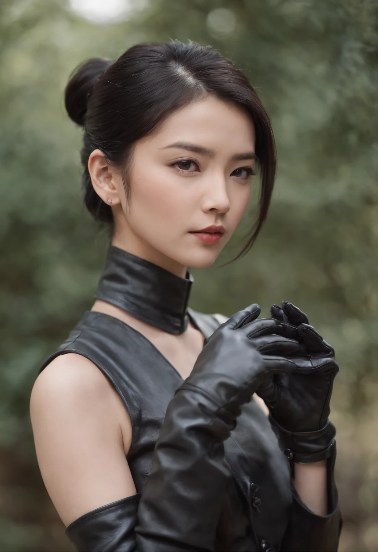 Black leather gloves, black suit, black hair, ponytail, Japanese girl, necklace, upper body